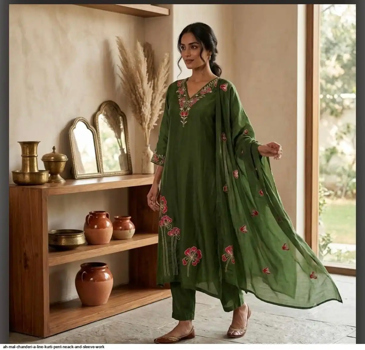 AH MAL CHANDERI A LINE KURTI PENT NEACK AND SLEEVE WORK B