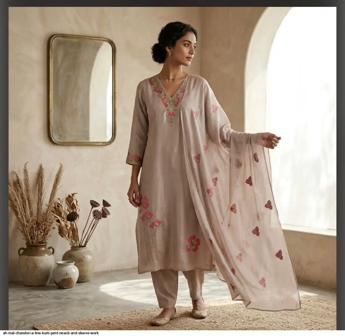 AH MAL CHANDERI A LINE KURTI PENT NEACK AND SLEEVE WORK E