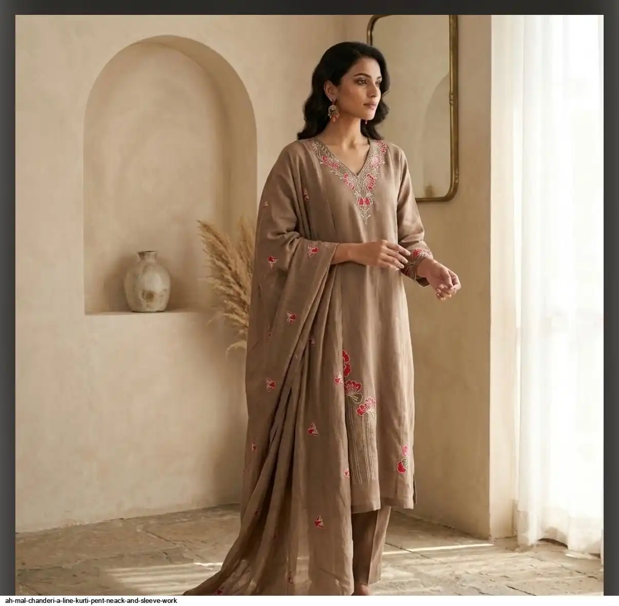 AH MAL CHANDERI A LINE KURTI PENT NEACK AND SLEEVE WORK D