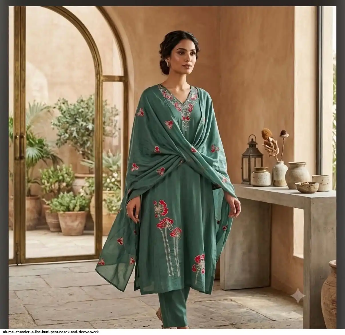 AH MAL CHANDERI A LINE KURTI PENT NEACK AND SLEEVE WORK C