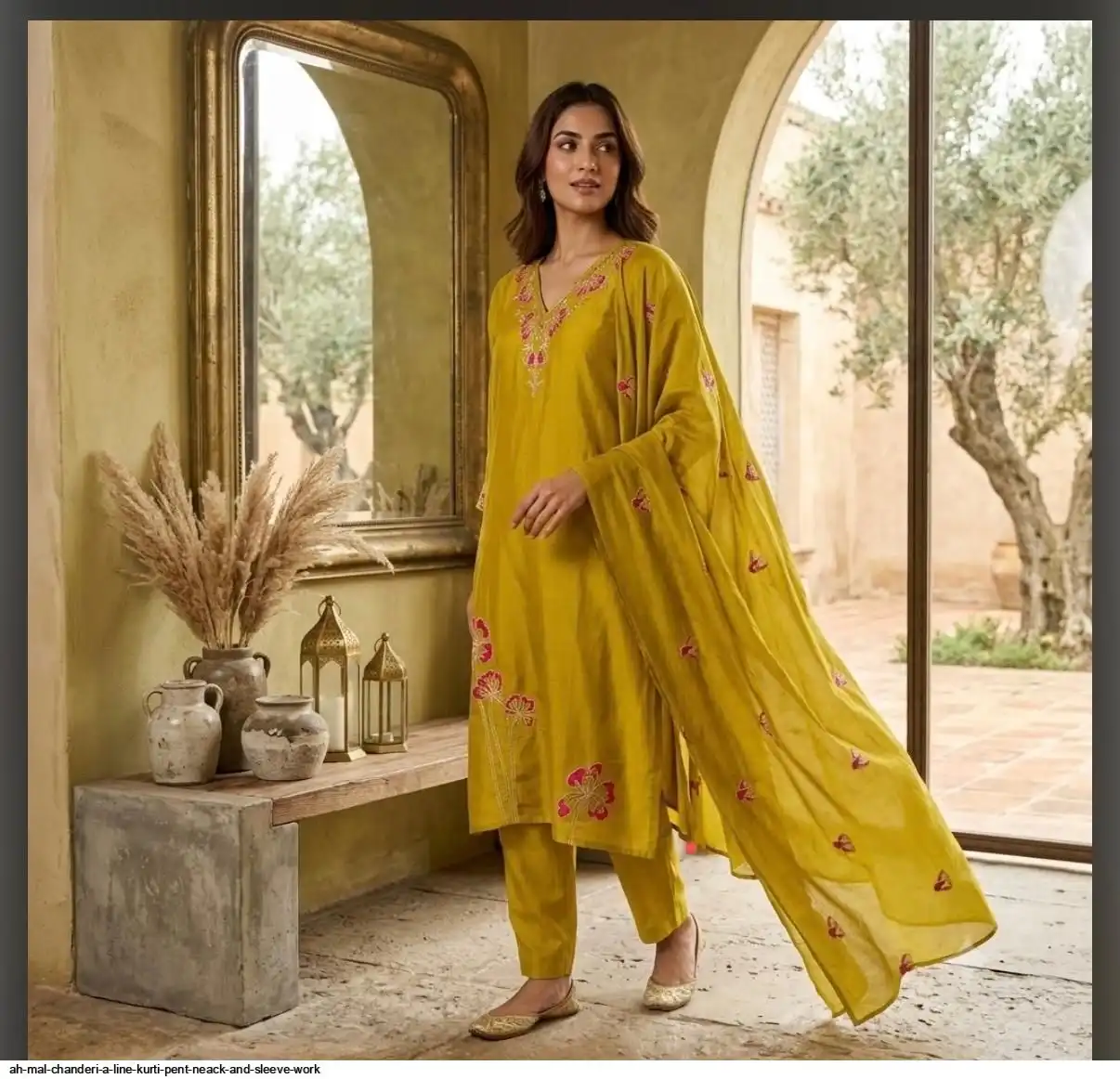 AH MAL CHANDERI A LINE KURTI PENT NEACK AND SLEEVE WORK F