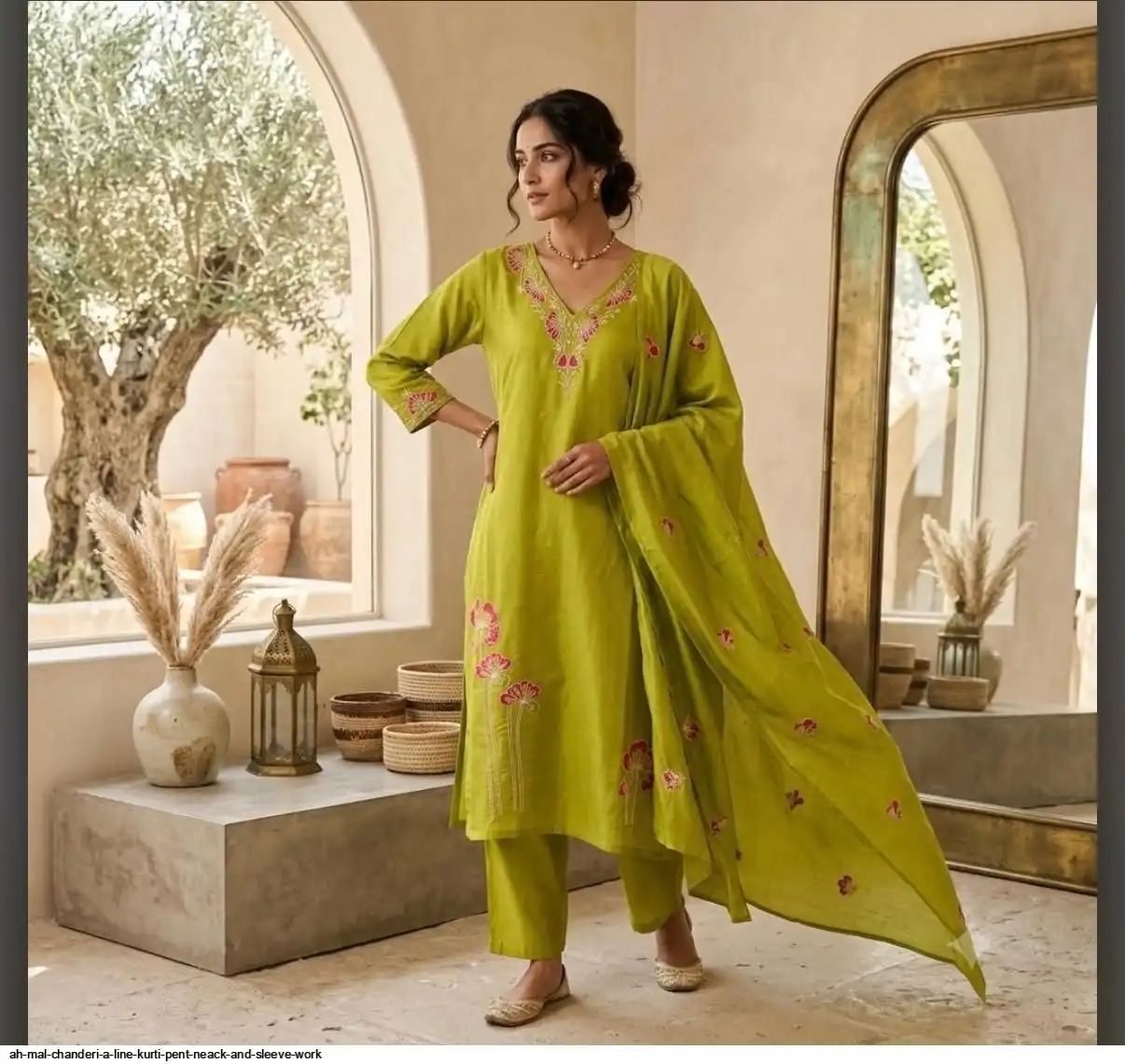 AH MAL CHANDERI A LINE KURTI PENT NEACK AND SLEEVE WORK G