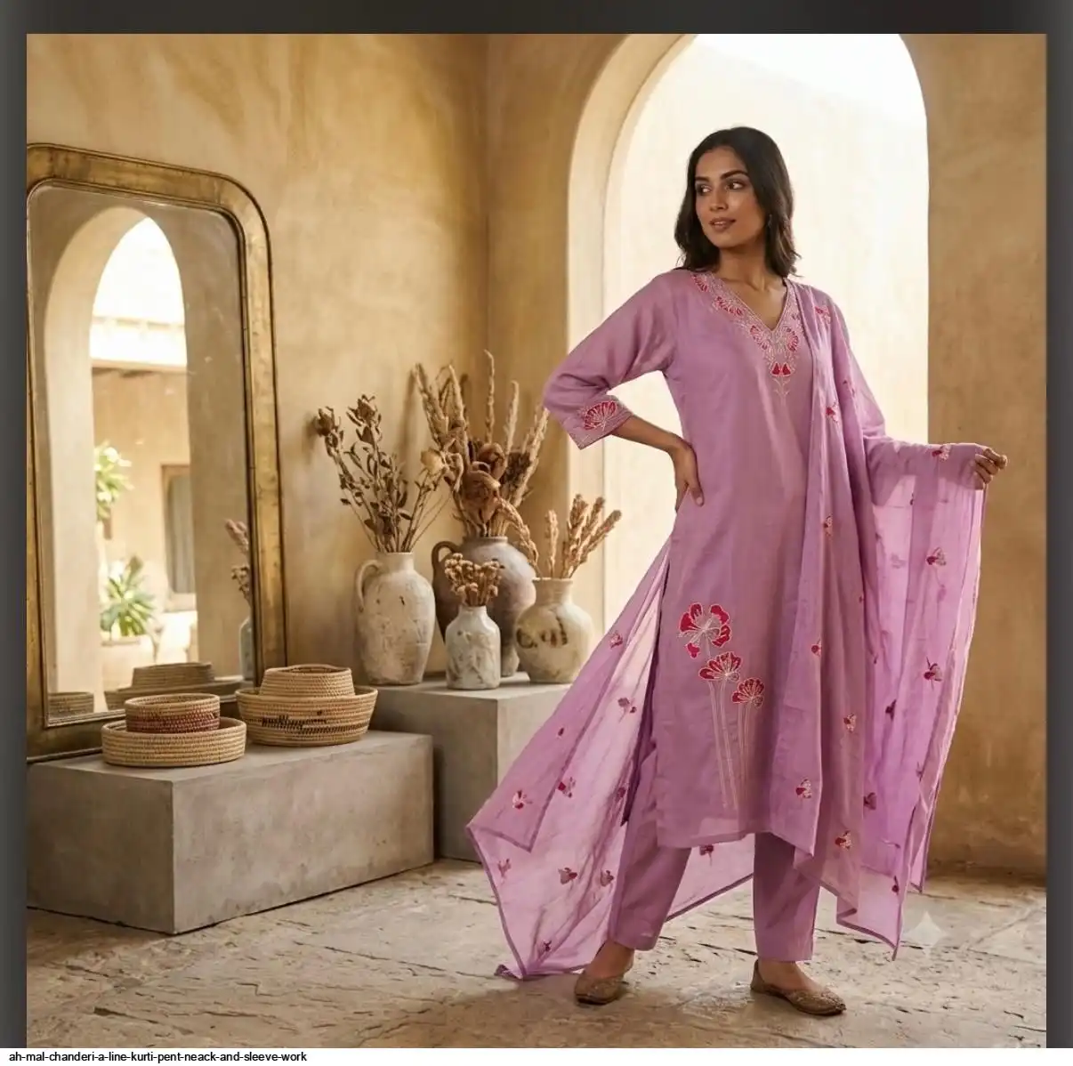 AH MAL CHANDERI A LINE KURTI PENT NEACK AND SLEEVE WORK H