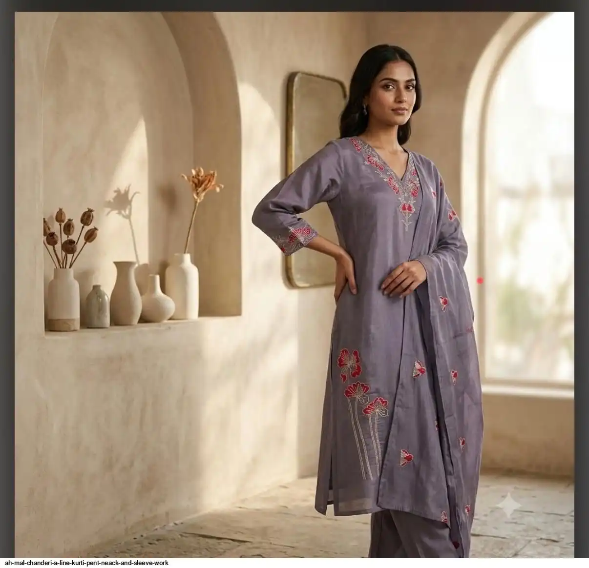 AH MAL CHANDERI A LINE KURTI PENT NEACK AND SLEEVE WORK I