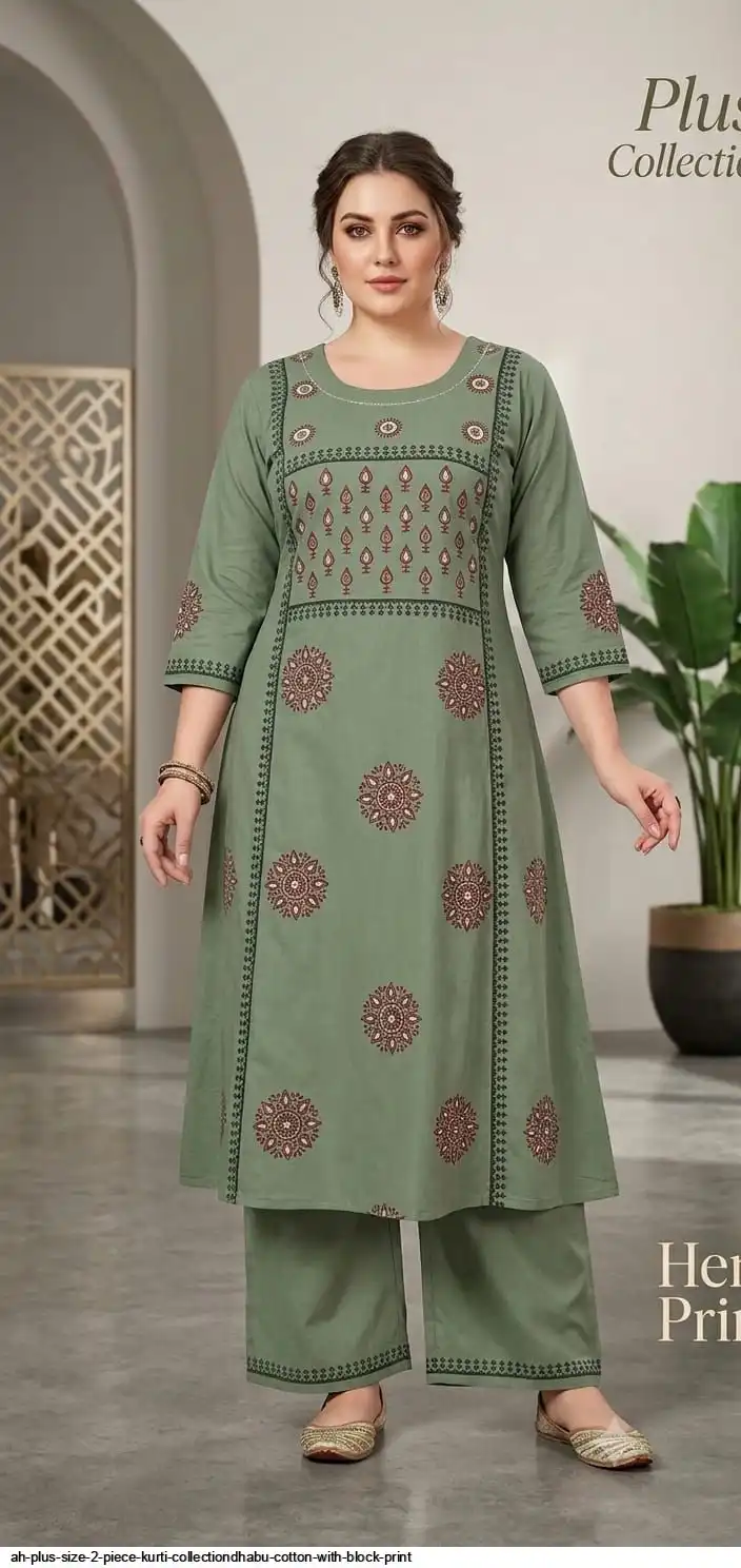 AH PLUS SIZE 2 PIECE KURTI COLLECTIONDHABU COTTON WITH BLOCK PRINT A