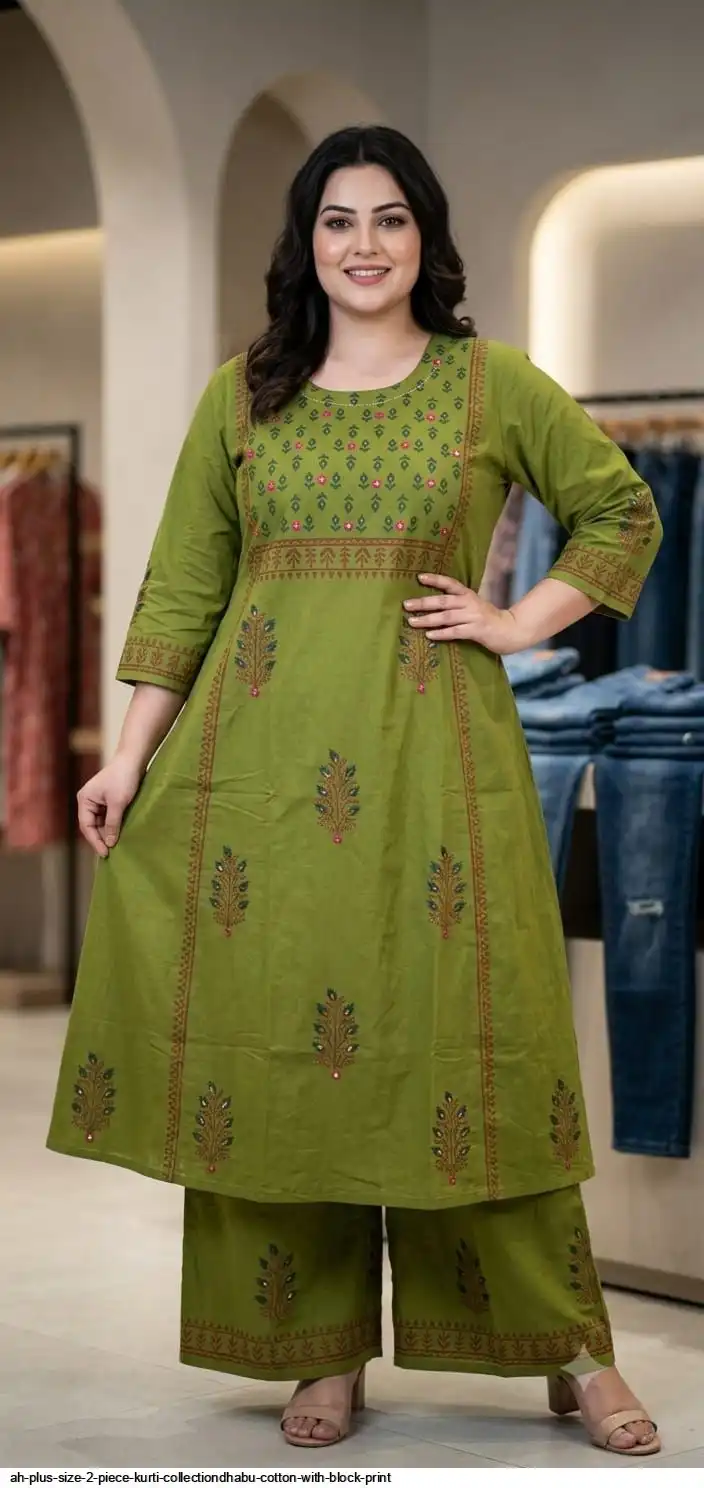 AH PLUS SIZE 2 PIECE KURTI COLLECTIONDHABU COTTON WITH BLOCK PRINT H