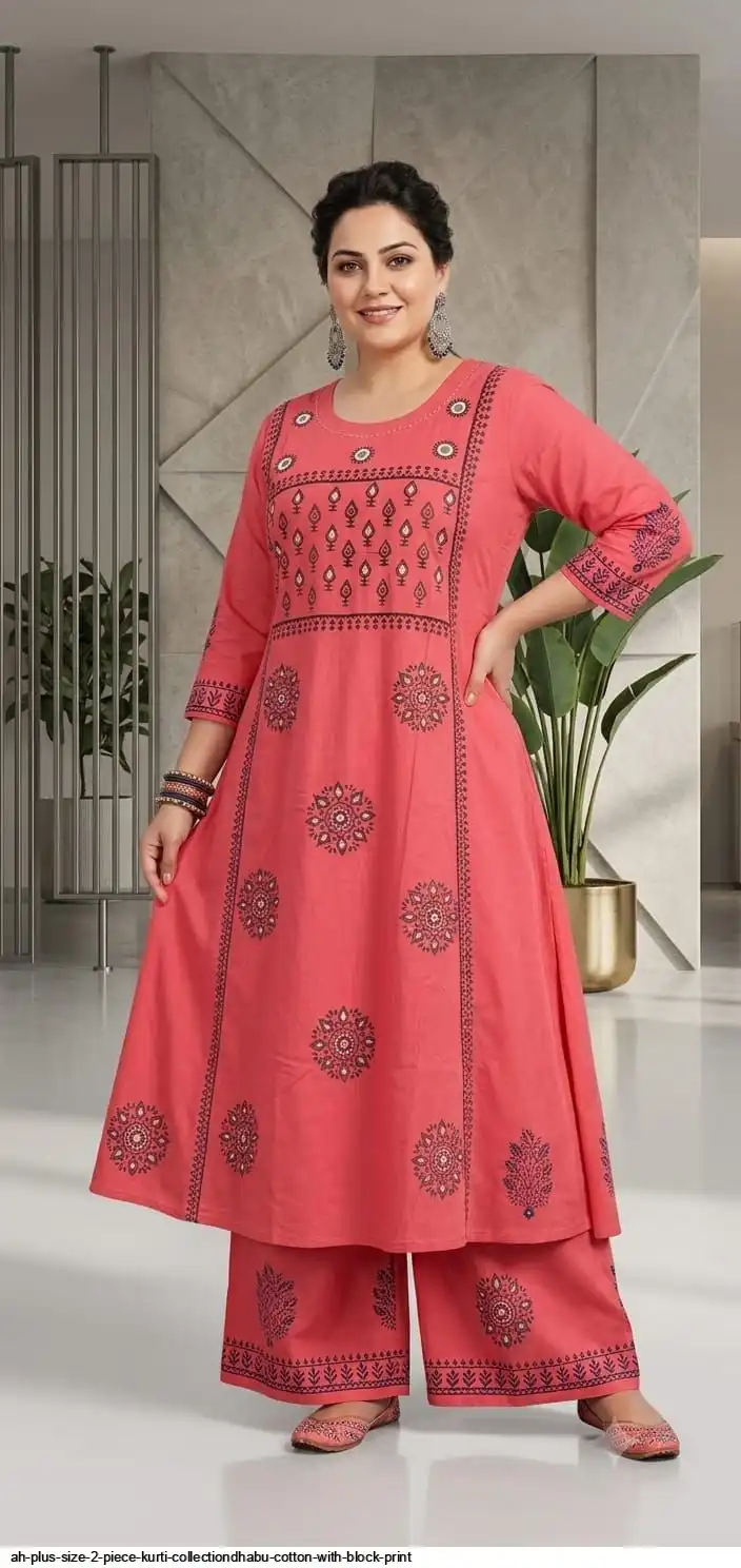 AH PLUS SIZE 2 PIECE KURTI COLLECTIONDHABU COTTON WITH BLOCK PRINT E