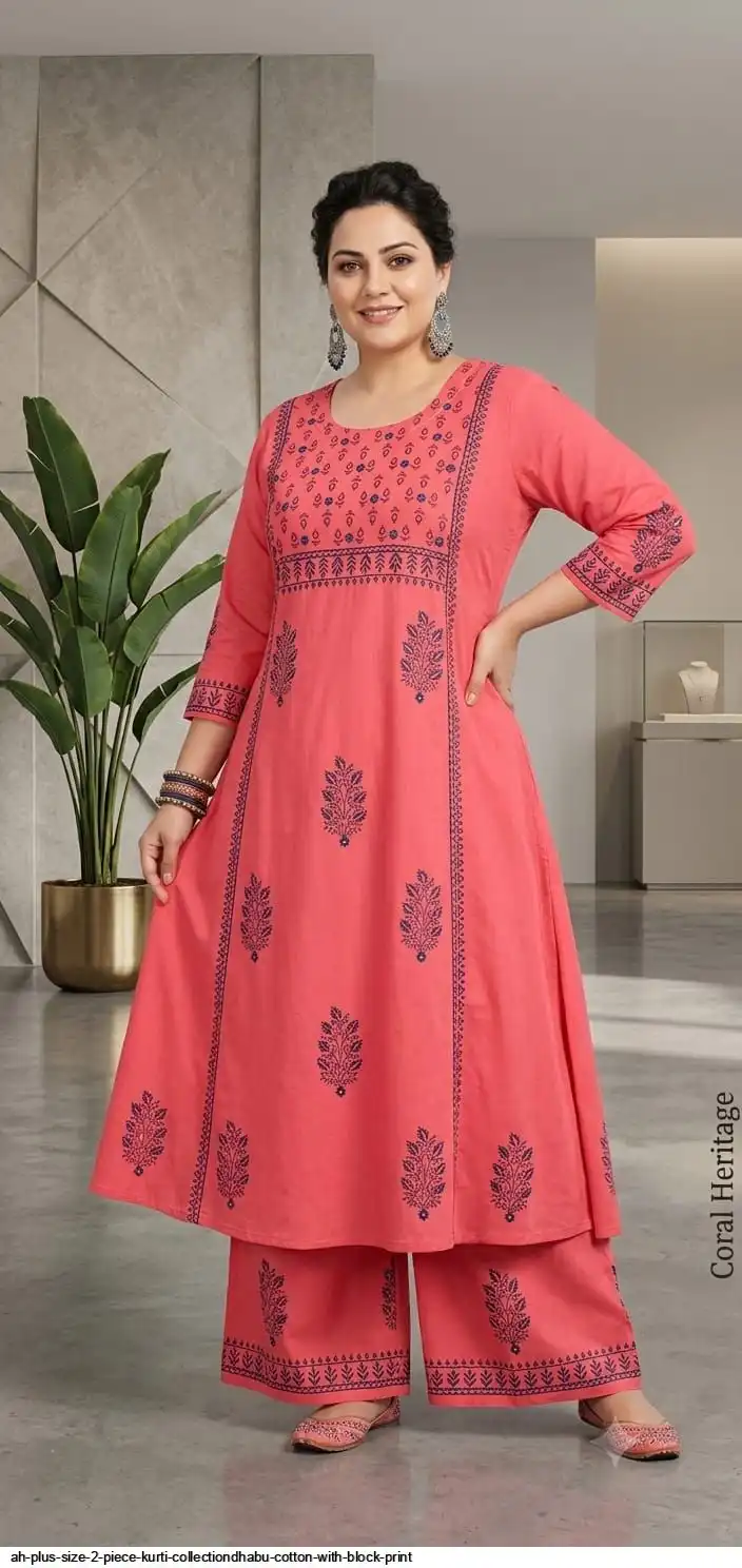AH PLUS SIZE 2 PIECE KURTI COLLECTIONDHABU COTTON WITH BLOCK PRINT F