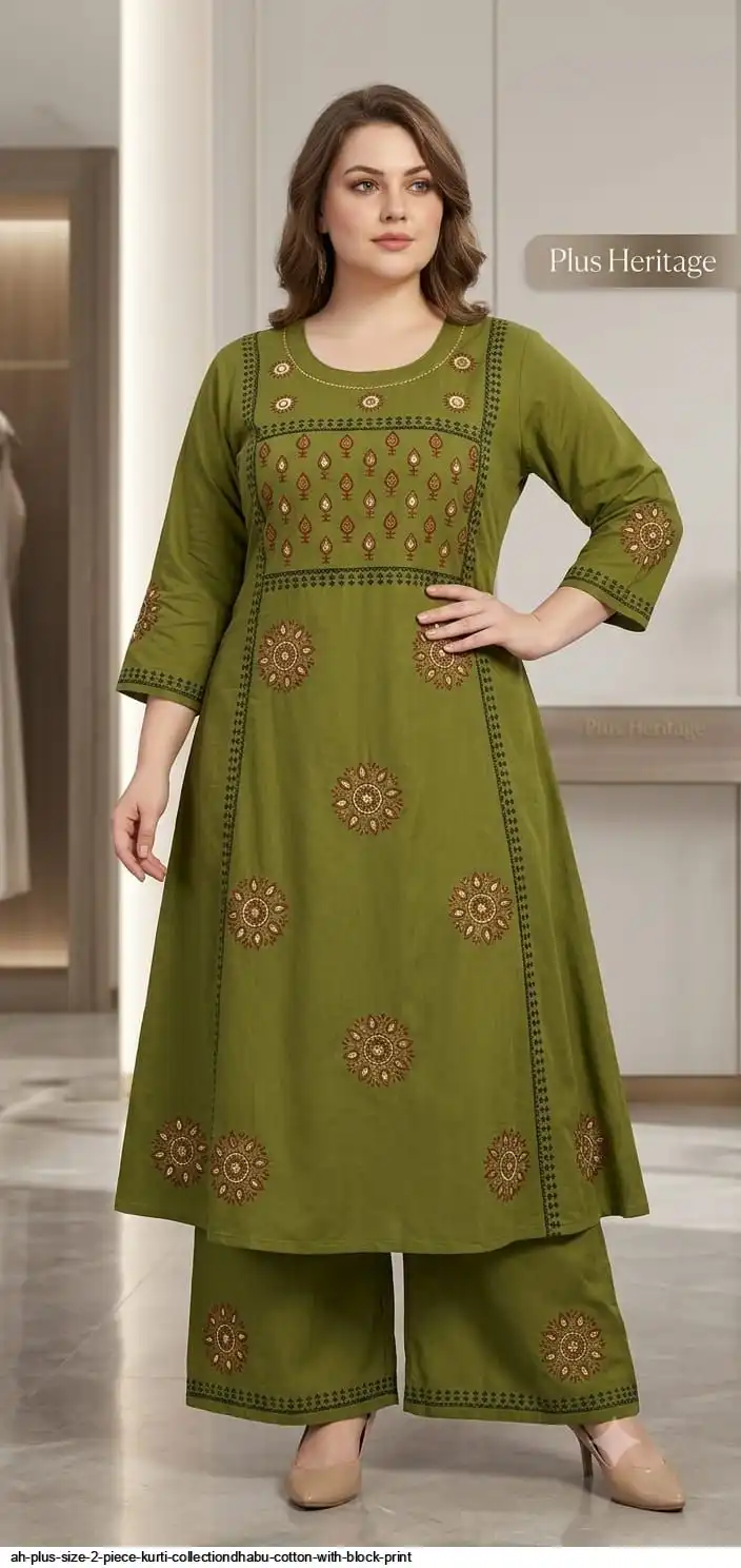 AH PLUS SIZE 2 PIECE KURTI COLLECTIONDHABU COTTON WITH BLOCK PRINT B