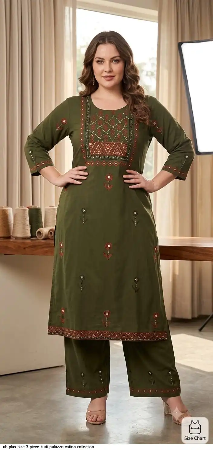 AH PLUS SIZE 3 PIECE KURTI PALAZZO COTTON COLLECTION C
