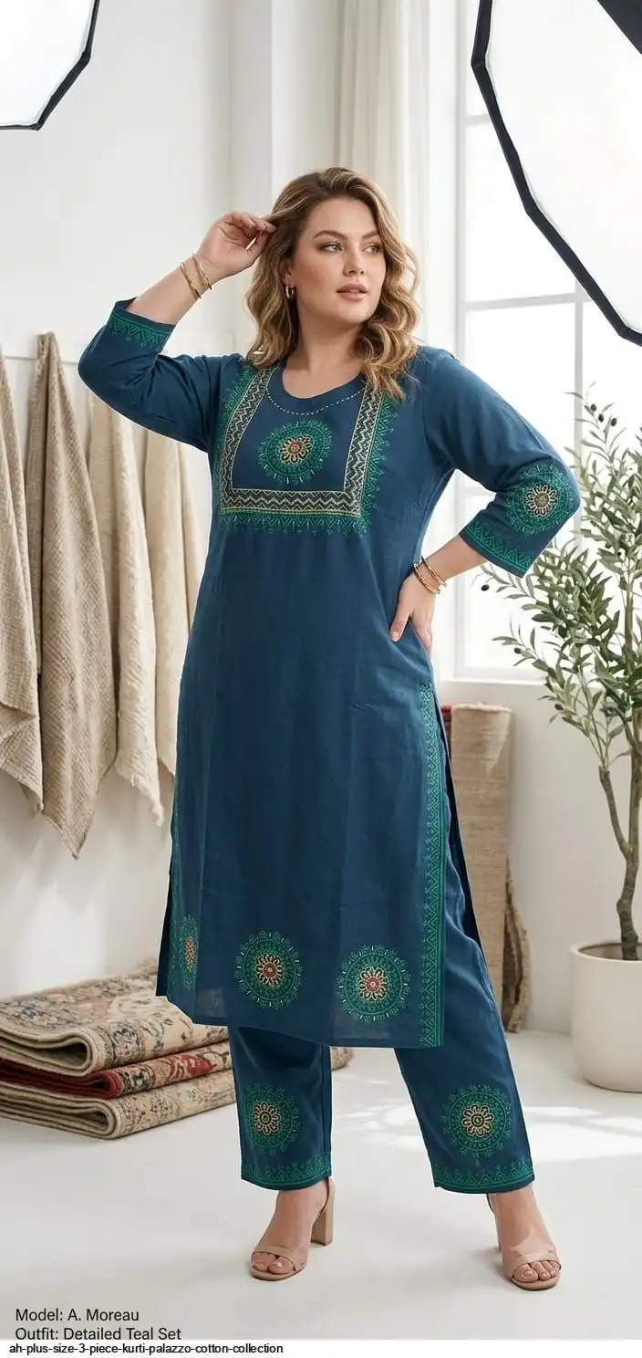 AH PLUS SIZE 3 PIECE KURTI PALAZZO COTTON COLLECTION A