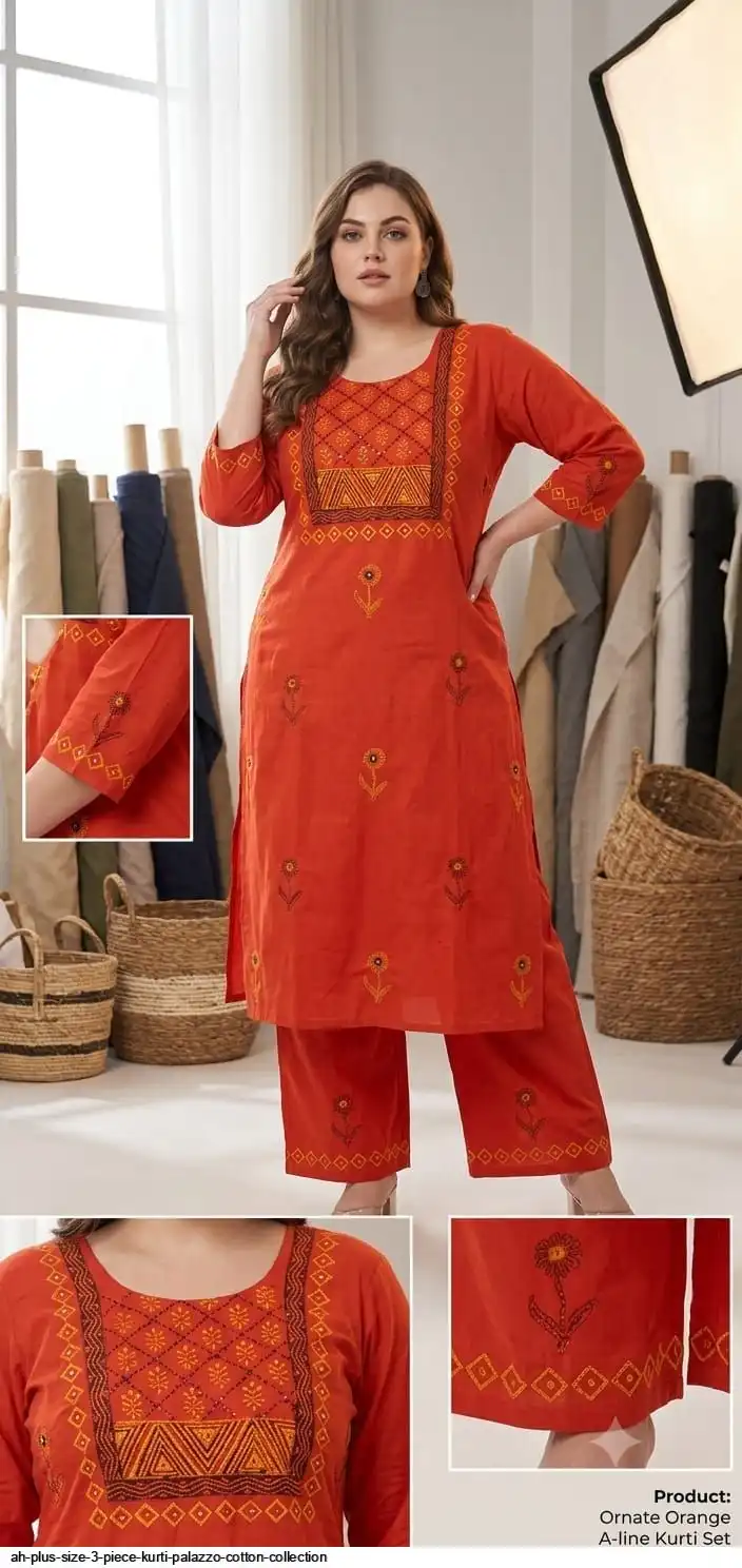 AH PLUS SIZE 3 PIECE KURTI PALAZZO COTTON COLLECTION E