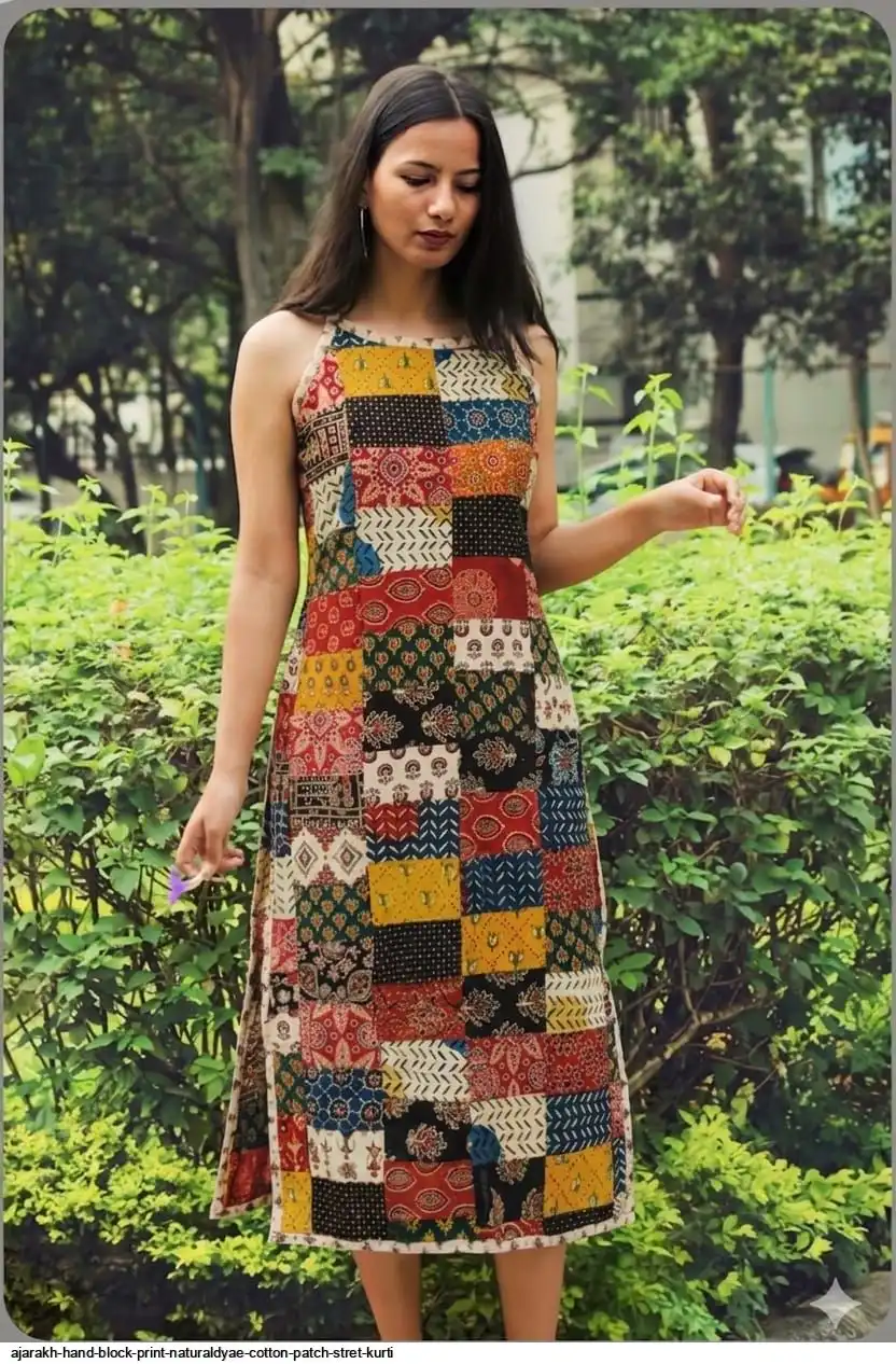 AJARAKH HAND BLOCK PRINT NATURALDYAE COTTON PATCH STRET KURTI G