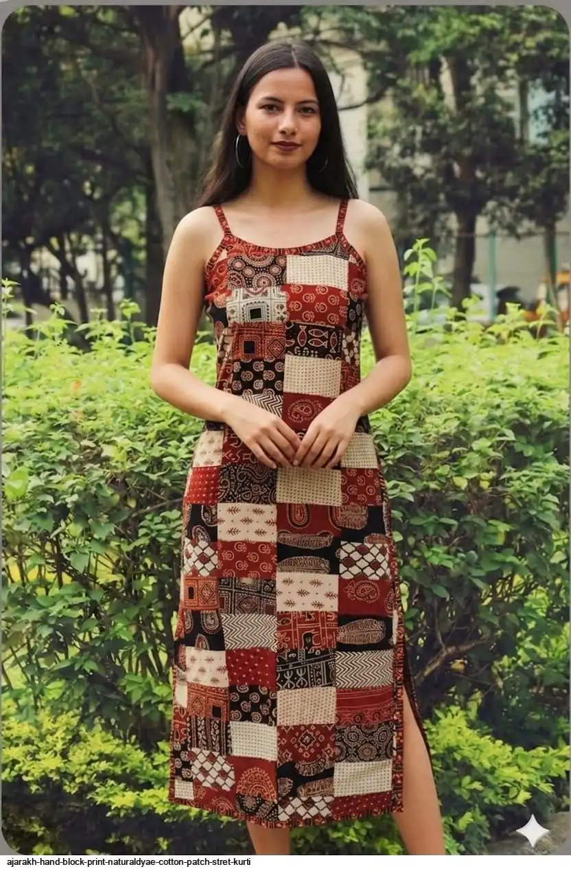 AJARAKH HAND BLOCK PRINT NATURALDYAE COTTON PATCH STRET KURTI E