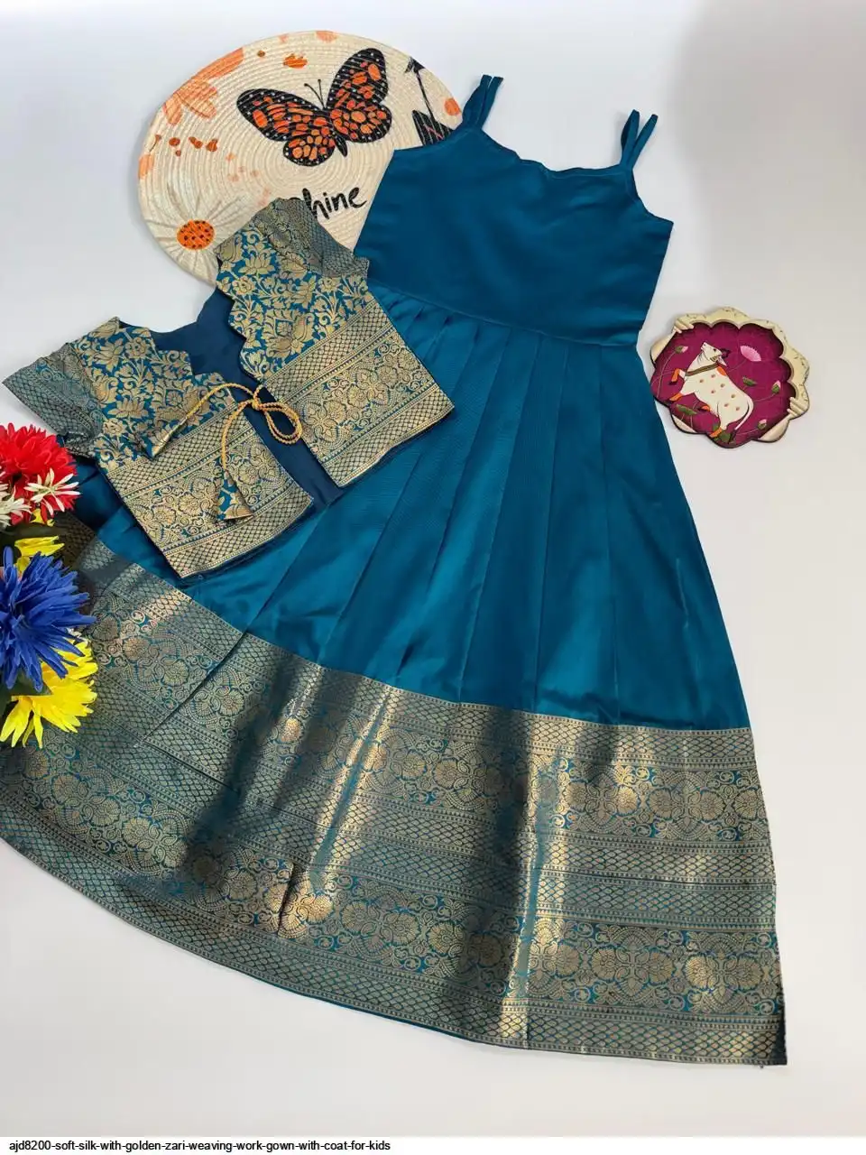 AJD8200 SOFT SILK WITH GOLDEN ZARI WEAVING WORK GOWN WITH COAT FOR KIDS 2