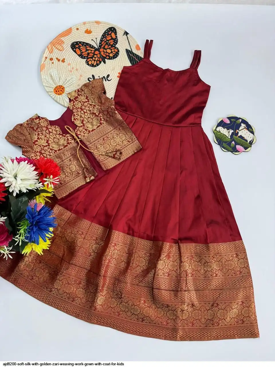 AJD8200 SOFT SILK WITH GOLDEN ZARI WEAVING WORK GOWN WITH COAT FOR KIDS 3