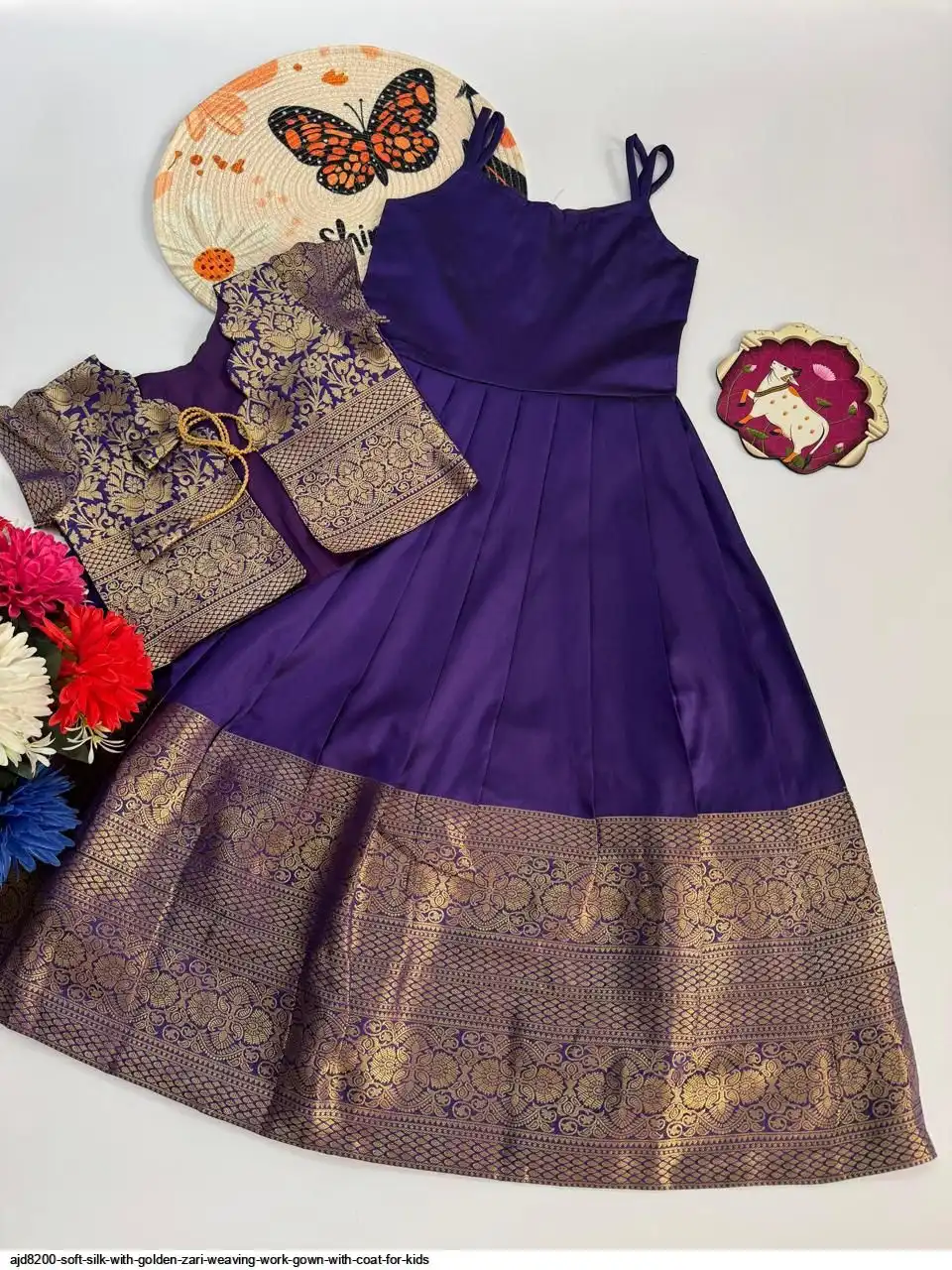 AJD8200 SOFT SILK WITH GOLDEN ZARI WEAVING WORK GOWN WITH COAT FOR KIDS 4