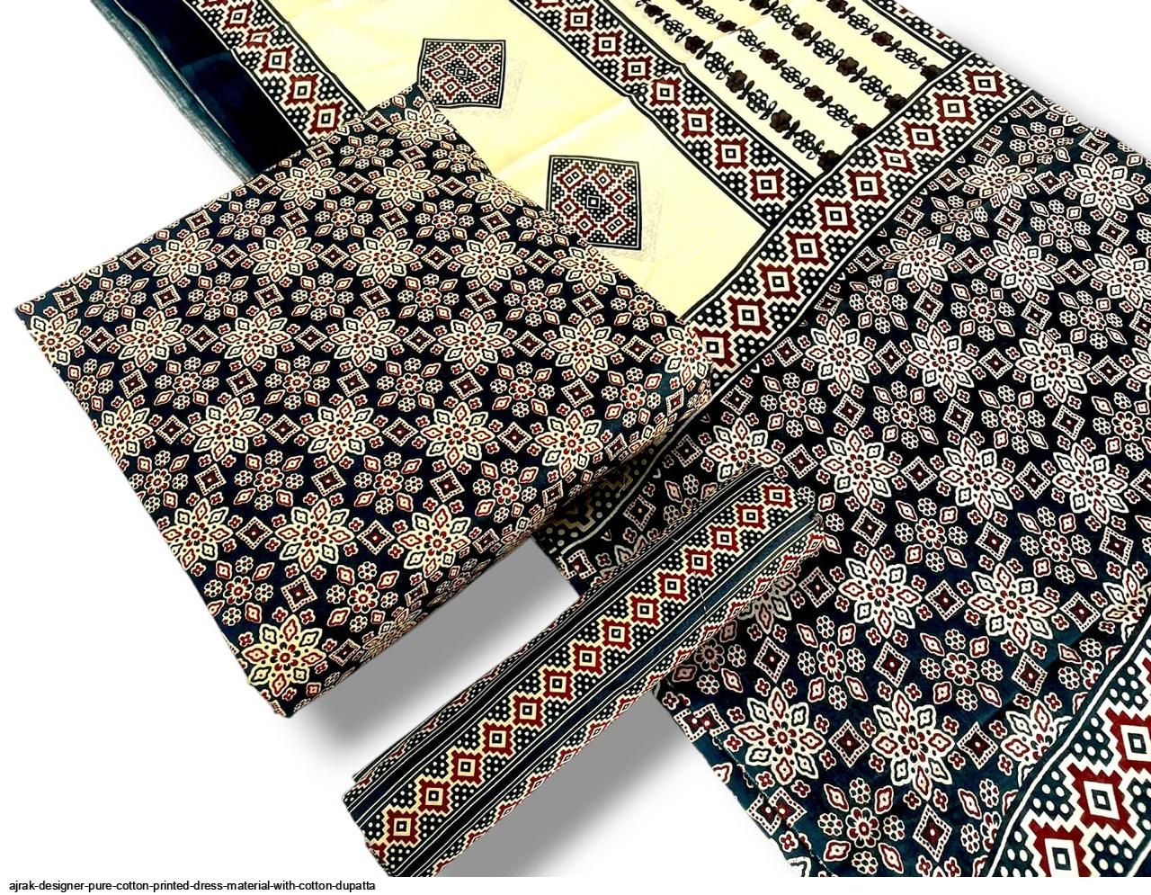 Ajrak designer pure cotton printed dress material with cotton dupatta