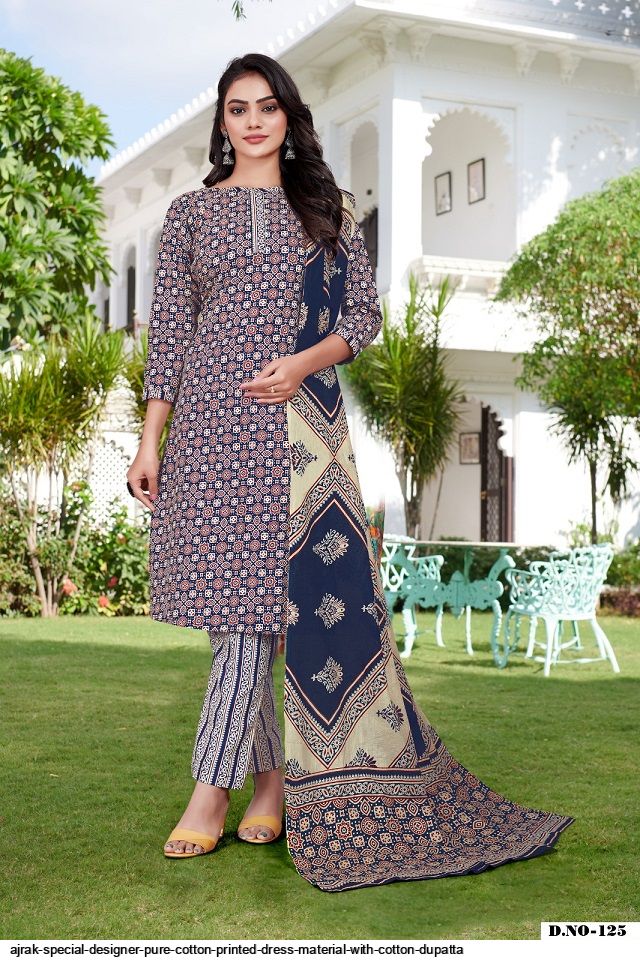 Ajrak special designer pure cotton printed dress material with cotton  dupatta