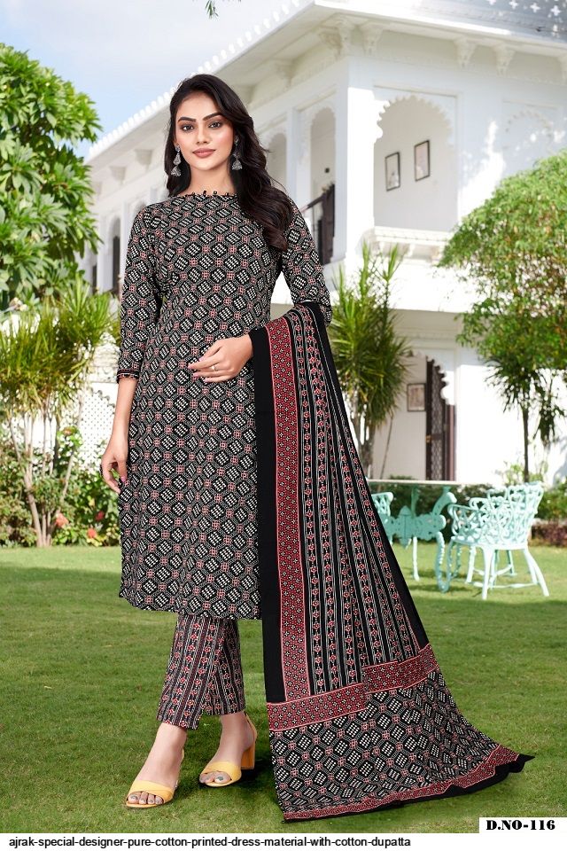 Ajrak special designer pure cotton printed dress material with cotton  dupatta