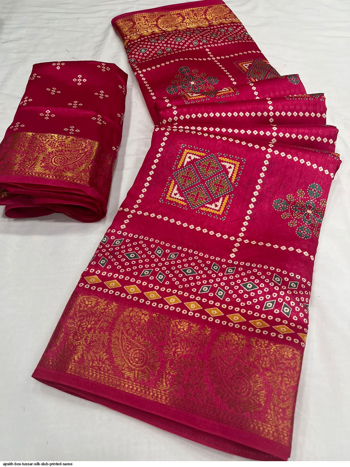 AJRAKH BOX TUSSAR SILK SLUB PRINTED SAREE