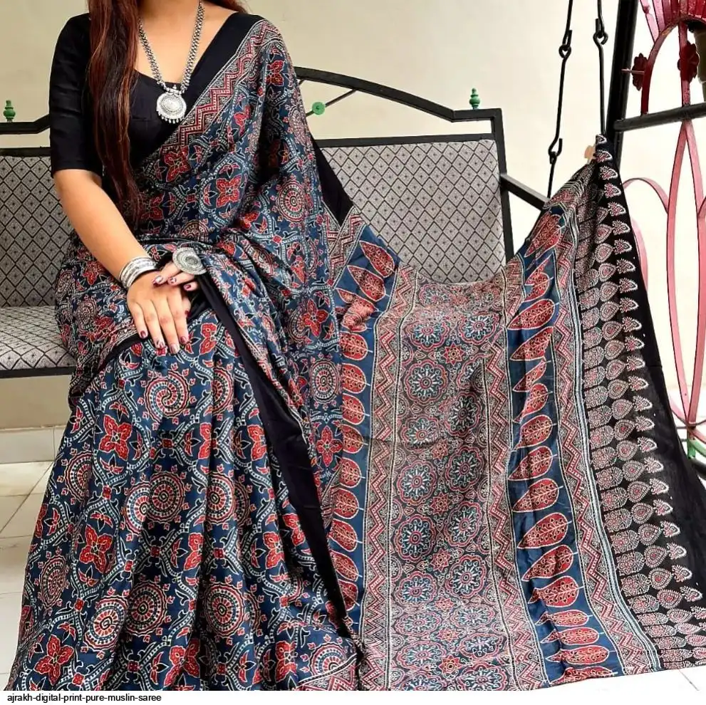 AJRAKH DIGITAL PRINT PURE MUSLIN SAREE 7