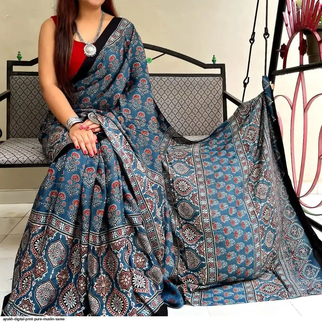AJRAKH DIGITAL PRINT PURE MUSLIN SAREE 8
