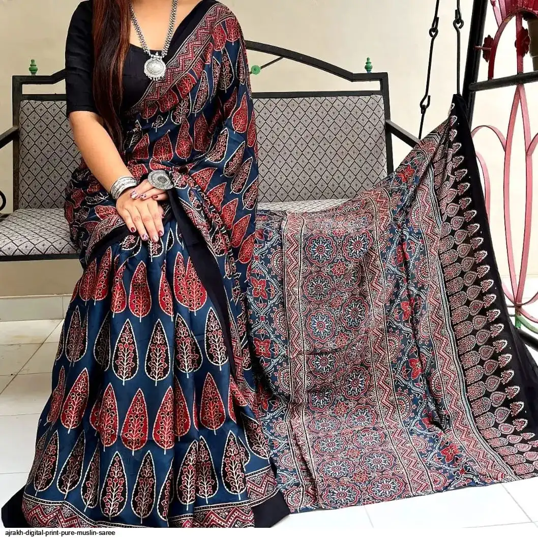AJRAKH DIGITAL PRINT PURE MUSLIN SAREE 6