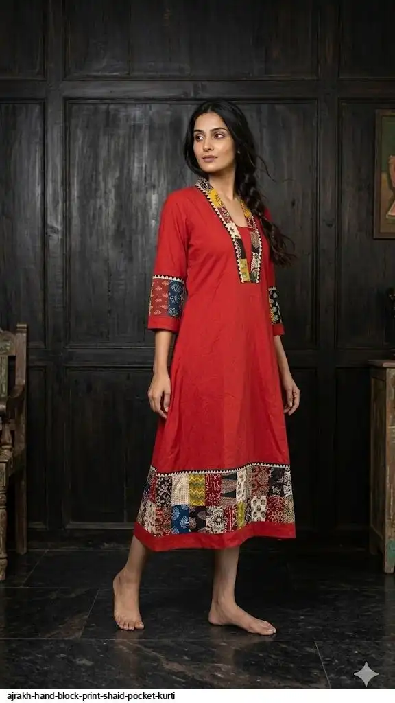 AJRAKH HAND BLOCK PRINT SHAID POCKET KURTI E