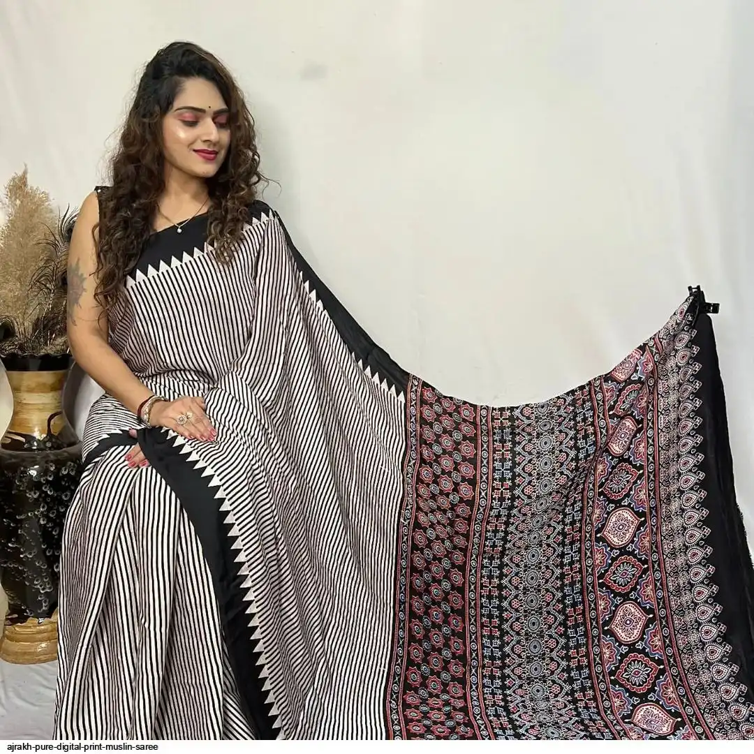 AJRAKH PURE DIGITAL PRINT MUSLIN SAREE 13
