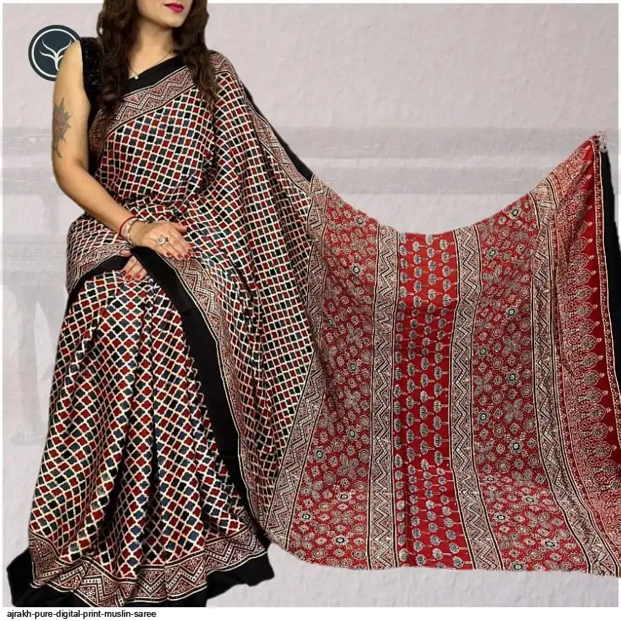 AJRAKH PURE DIGITAL PRINT MUSLIN SAREE 9
