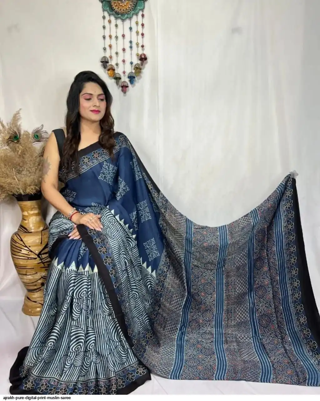 AJRAKH PURE DIGITAL PRINT MUSLIN SAREE 14