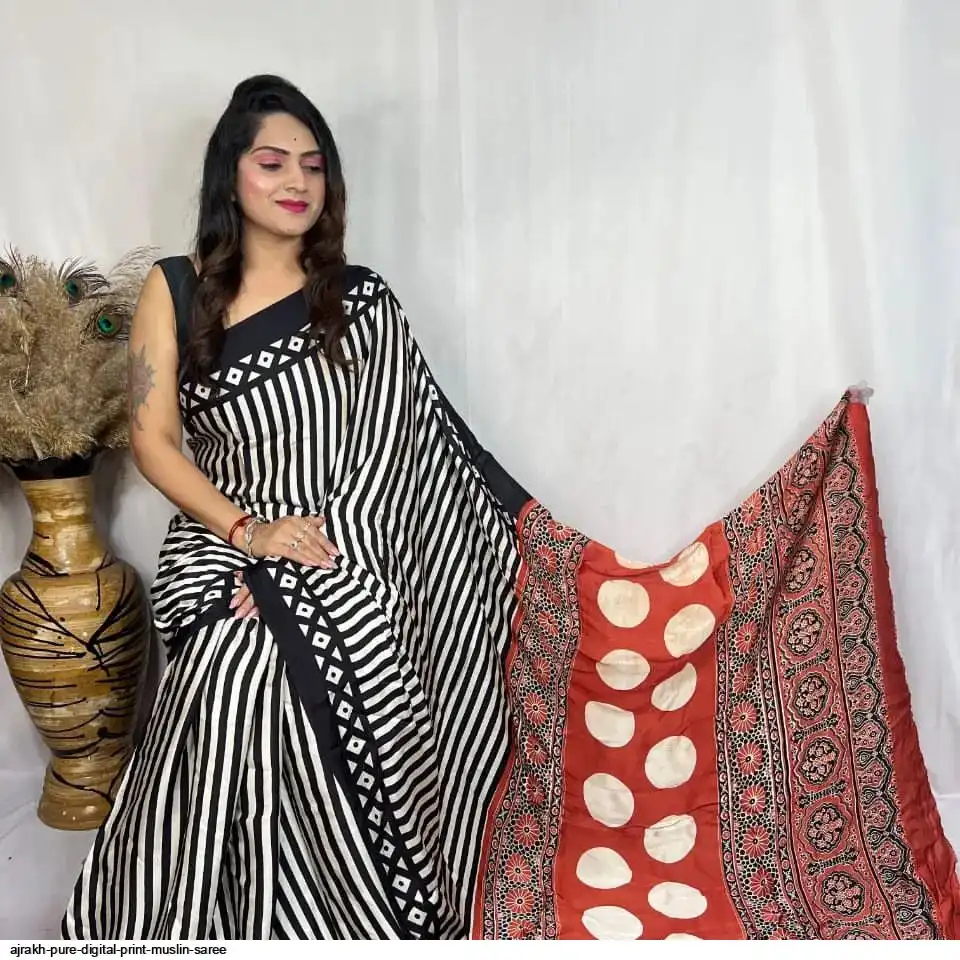 AJRAKH PURE DIGITAL PRINT MUSLIN SAREE 2