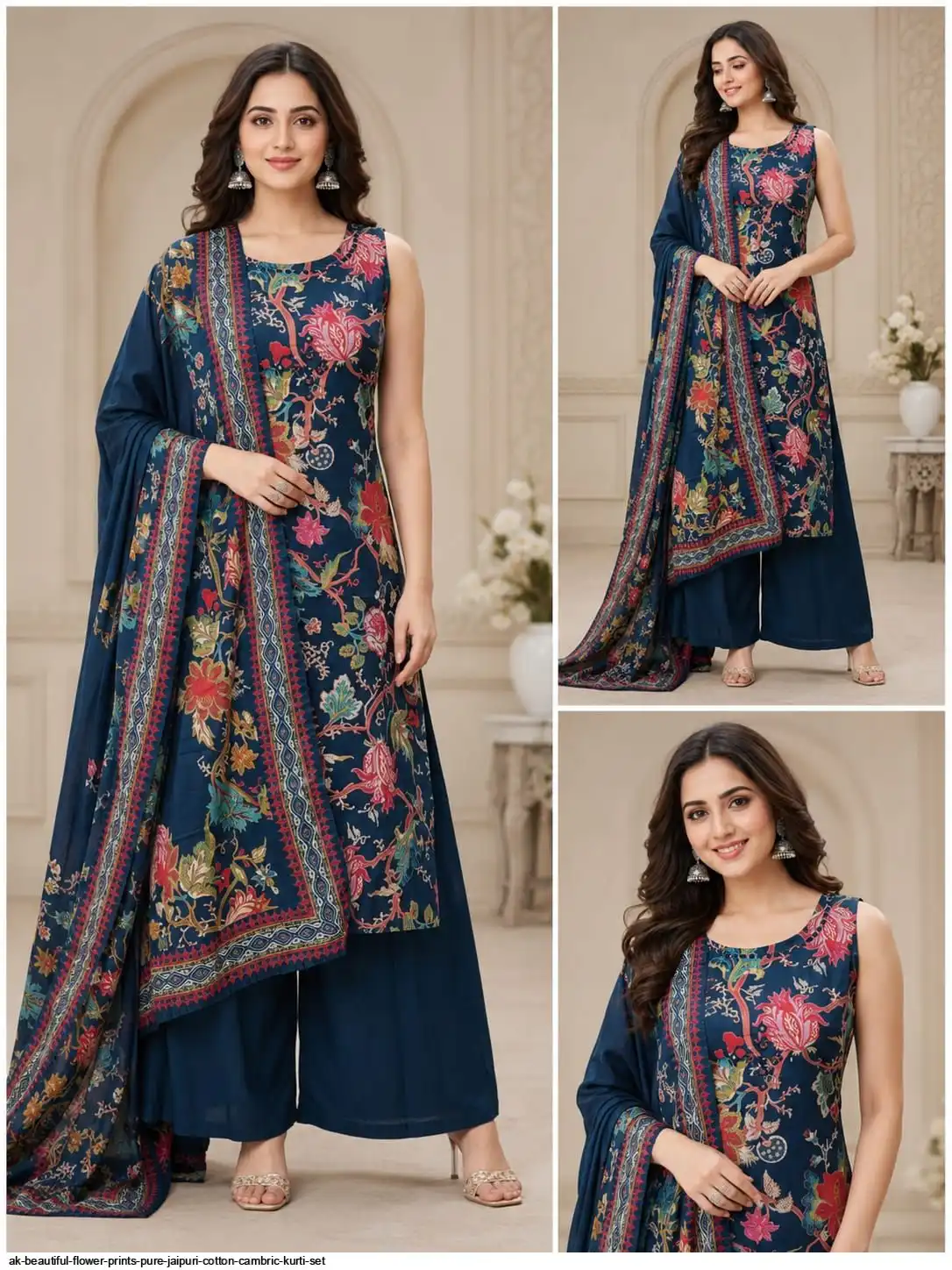 AK BEAUTIFUL FLOWER PRINTS PURE JAIPURI COTTON CAMBRIC KURTI SET B