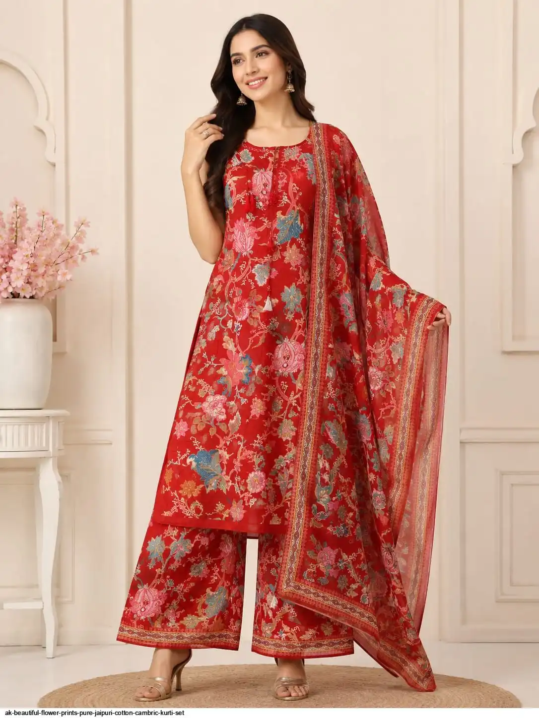 AK BEAUTIFUL FLOWER PRINTS PURE JAIPURI COTTON CAMBRIC KURTI SET D