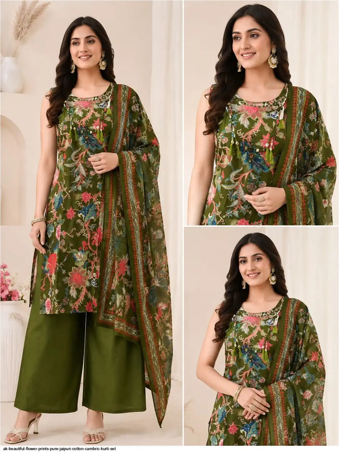 AK BEAUTIFUL FLOWER PRINTS PURE JAIPURI COTTON CAMBRIC KURTI SET C