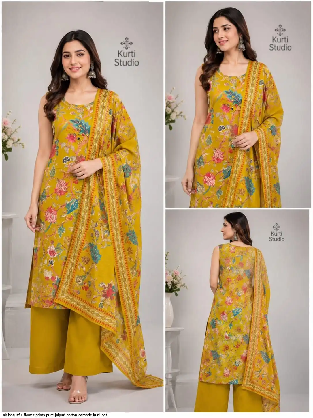 AK BEAUTIFUL FLOWER PRINTS PURE JAIPURI COTTON CAMBRIC KURTI SET A