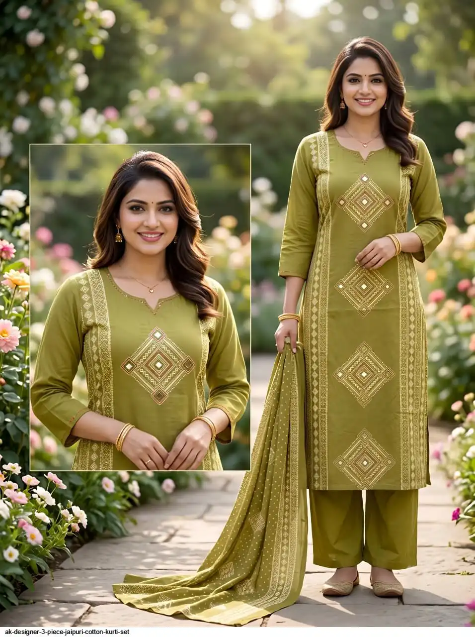 AK DESIGNER 3 PIECE JAIPURI COTTON KURTI SET 3