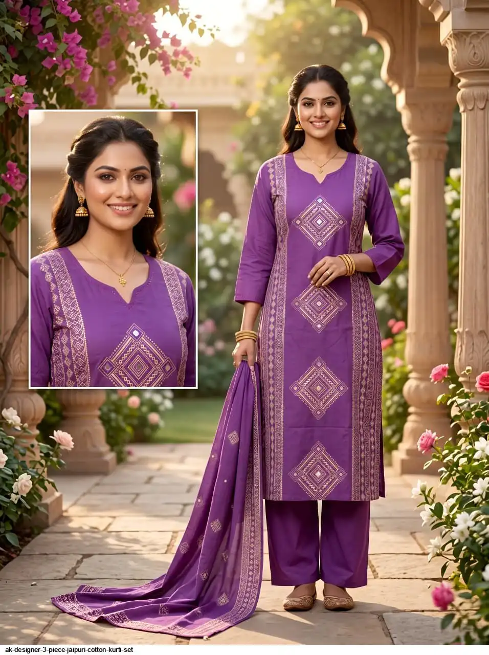 AK DESIGNER 3 PIECE JAIPURI COTTON KURTI SET 4