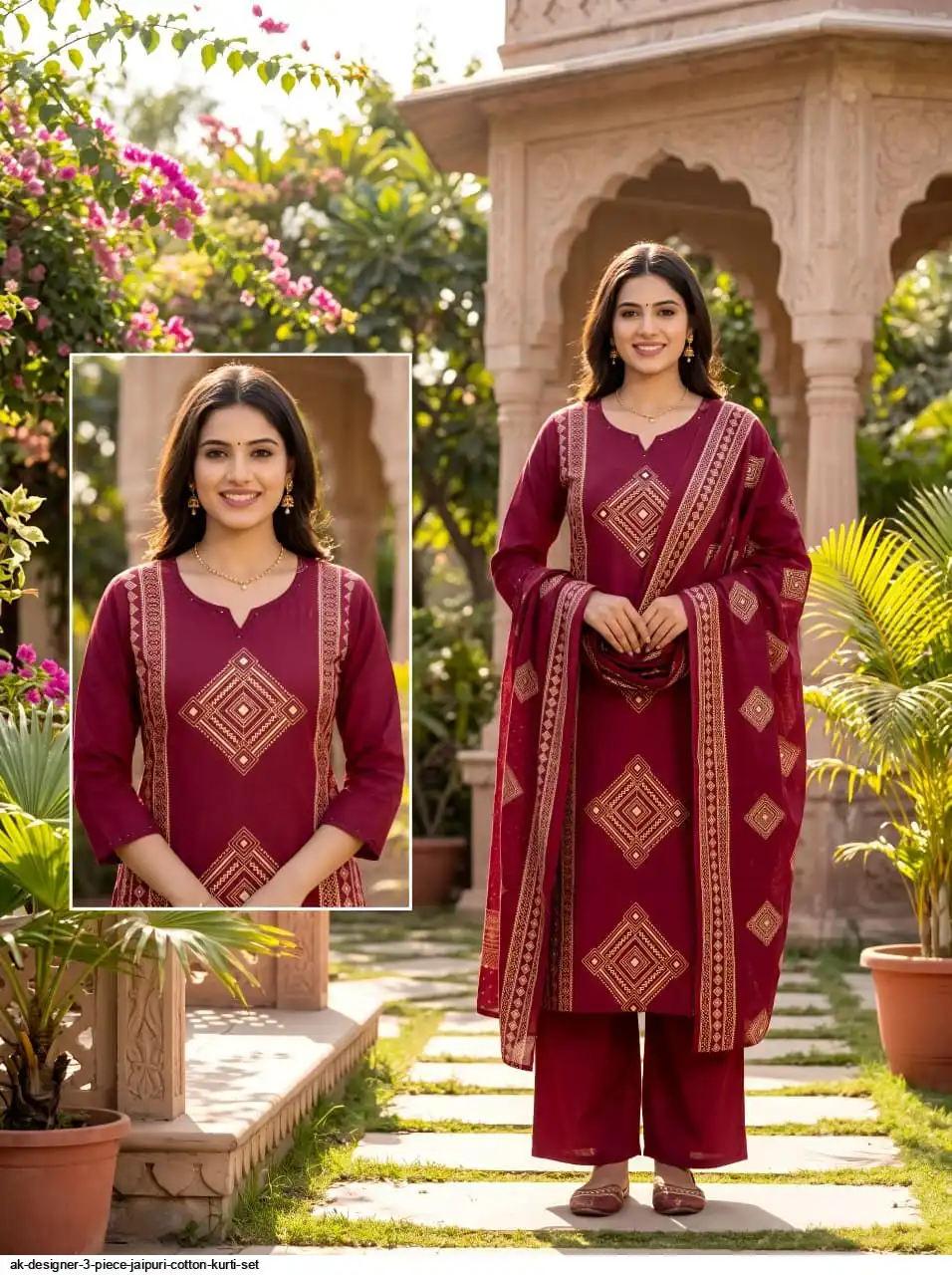 AK DESIGNER 3 PIECE JAIPURI COTTON KURTI SET 7