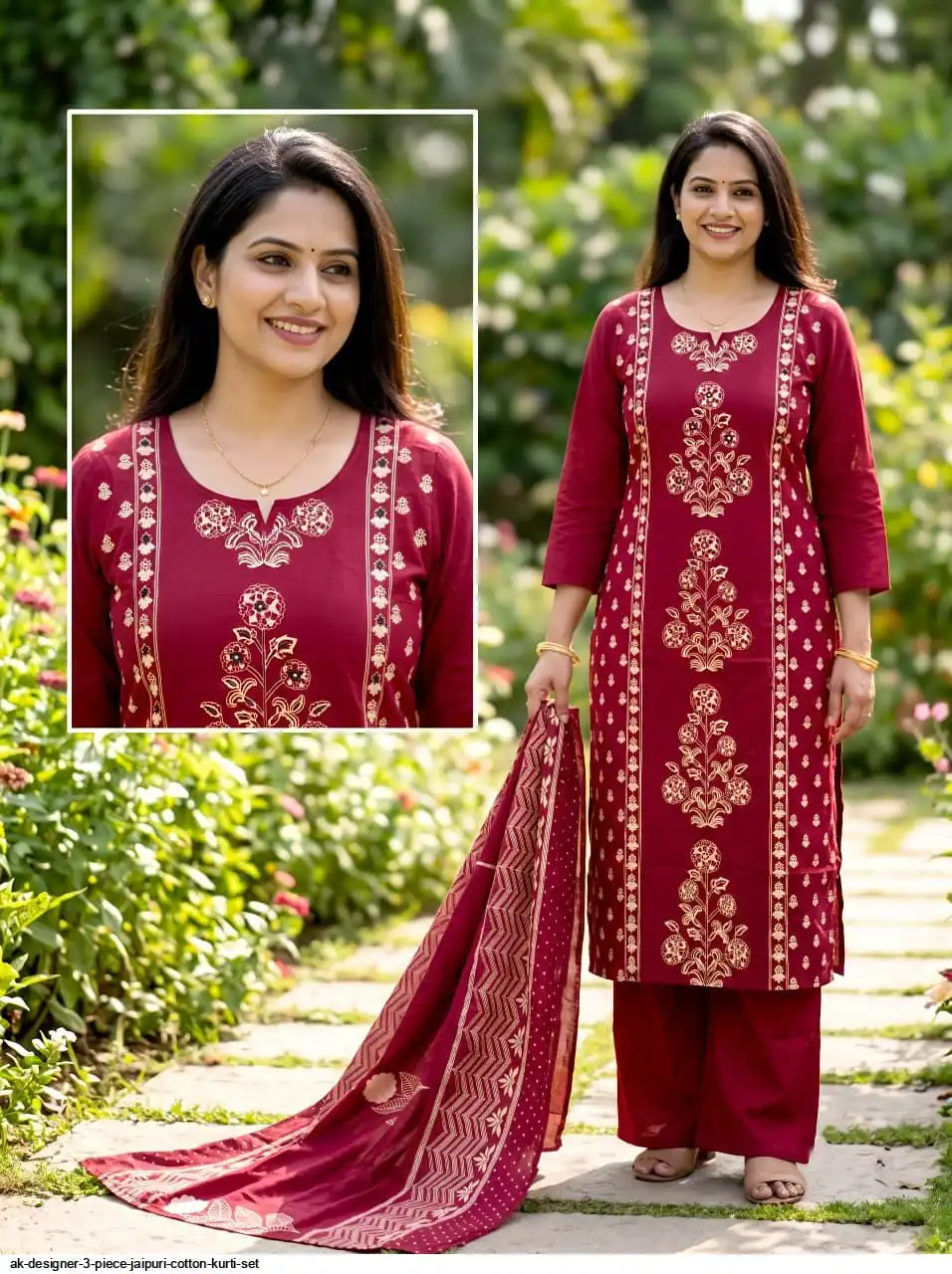 AK DESIGNER 3 PIECE JAIPURI COTTON KURTI SET 18
