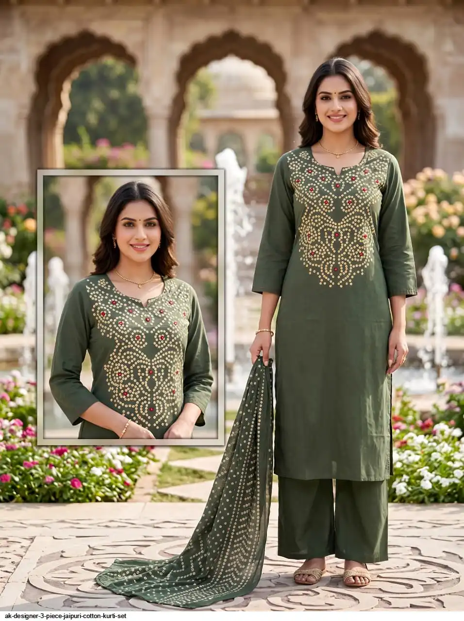 AK DESIGNER 3 PIECE JAIPURI COTTON KURTI SET 2