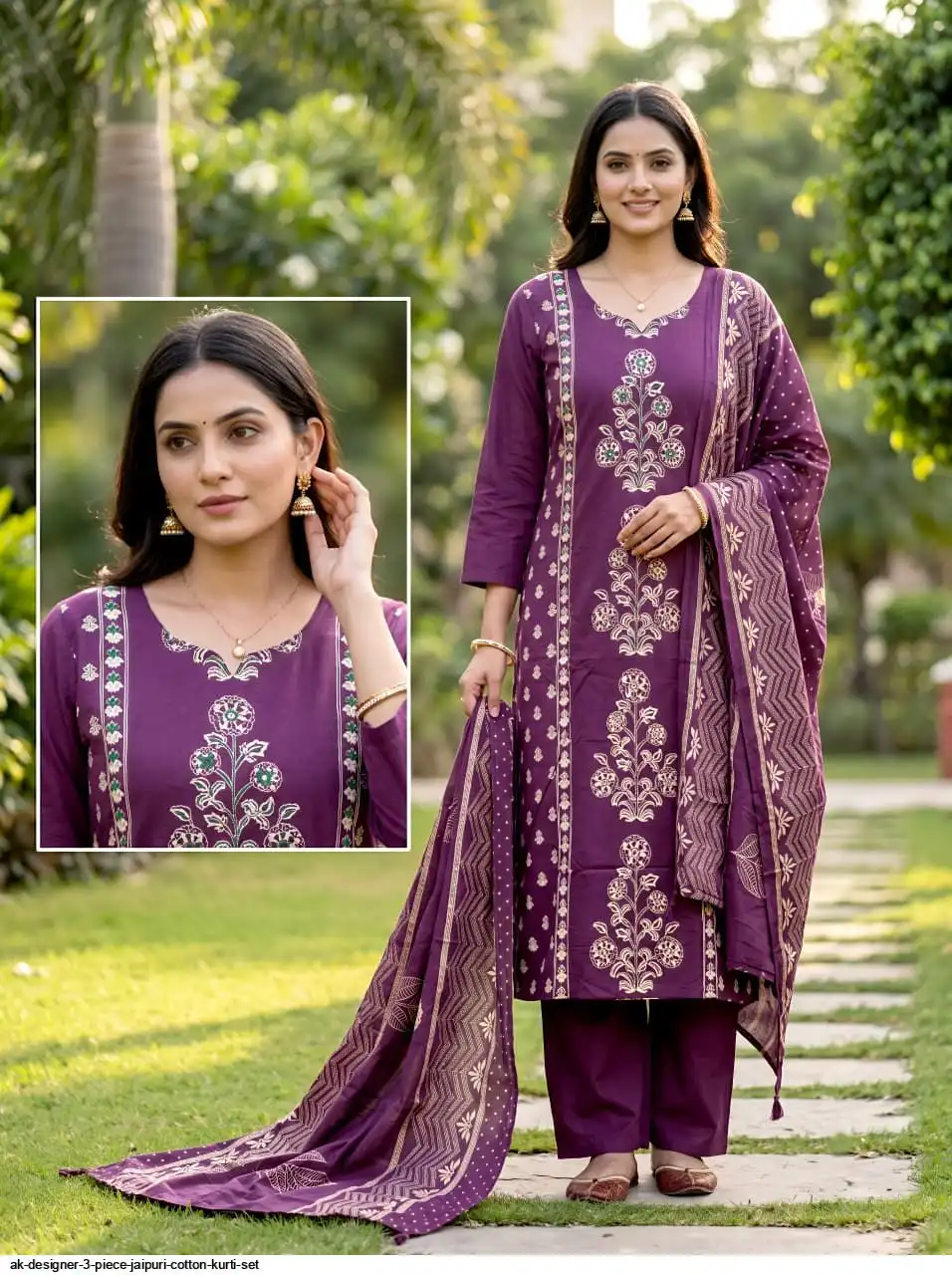 AK DESIGNER 3 PIECE JAIPURI COTTON KURTI SET 17