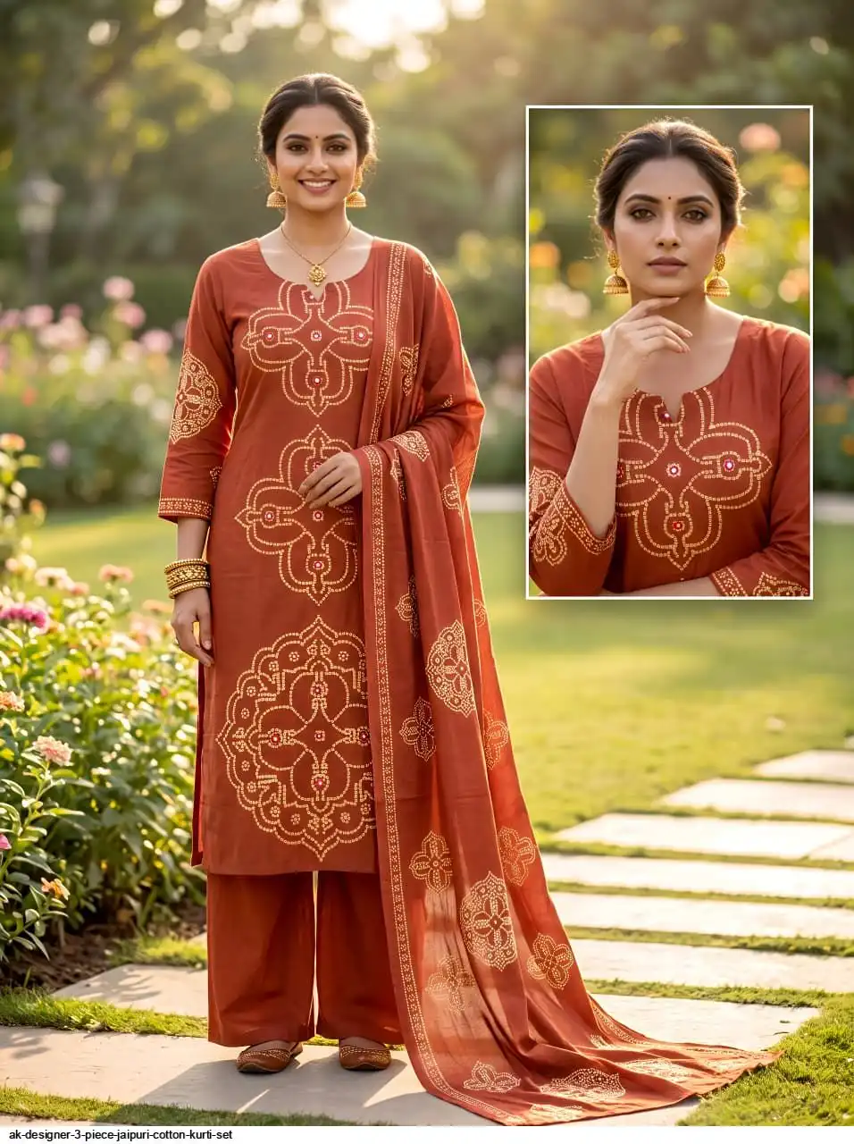 AK DESIGNER 3 PIECE JAIPURI COTTON KURTI SET 9