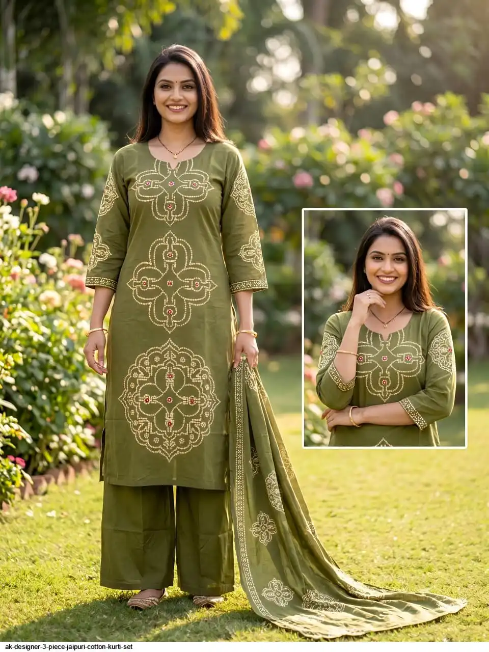 AK DESIGNER 3 PIECE JAIPURI COTTON KURTI SET 10