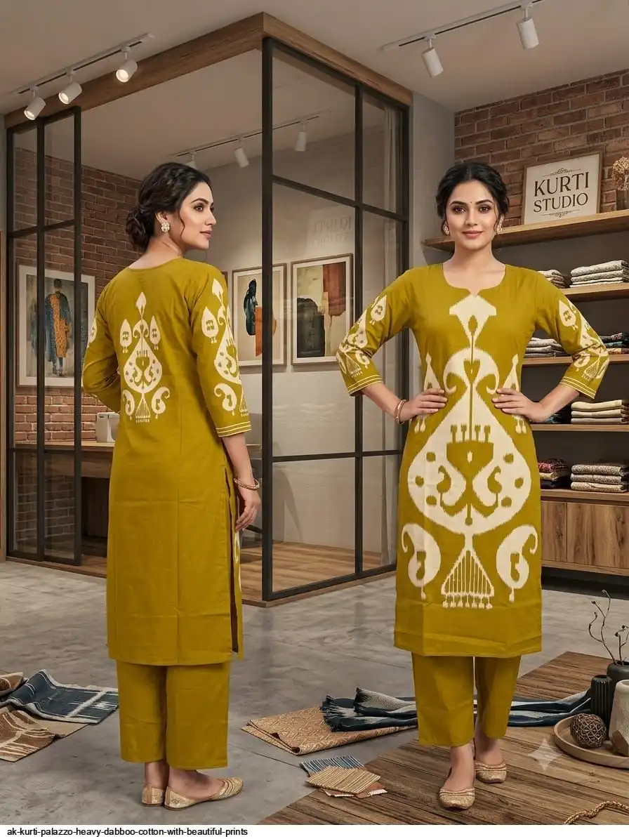 AK KURTI PALAZZO HEAVY DABBOO COTTON WITH BEAUTIFUL PRINTS E