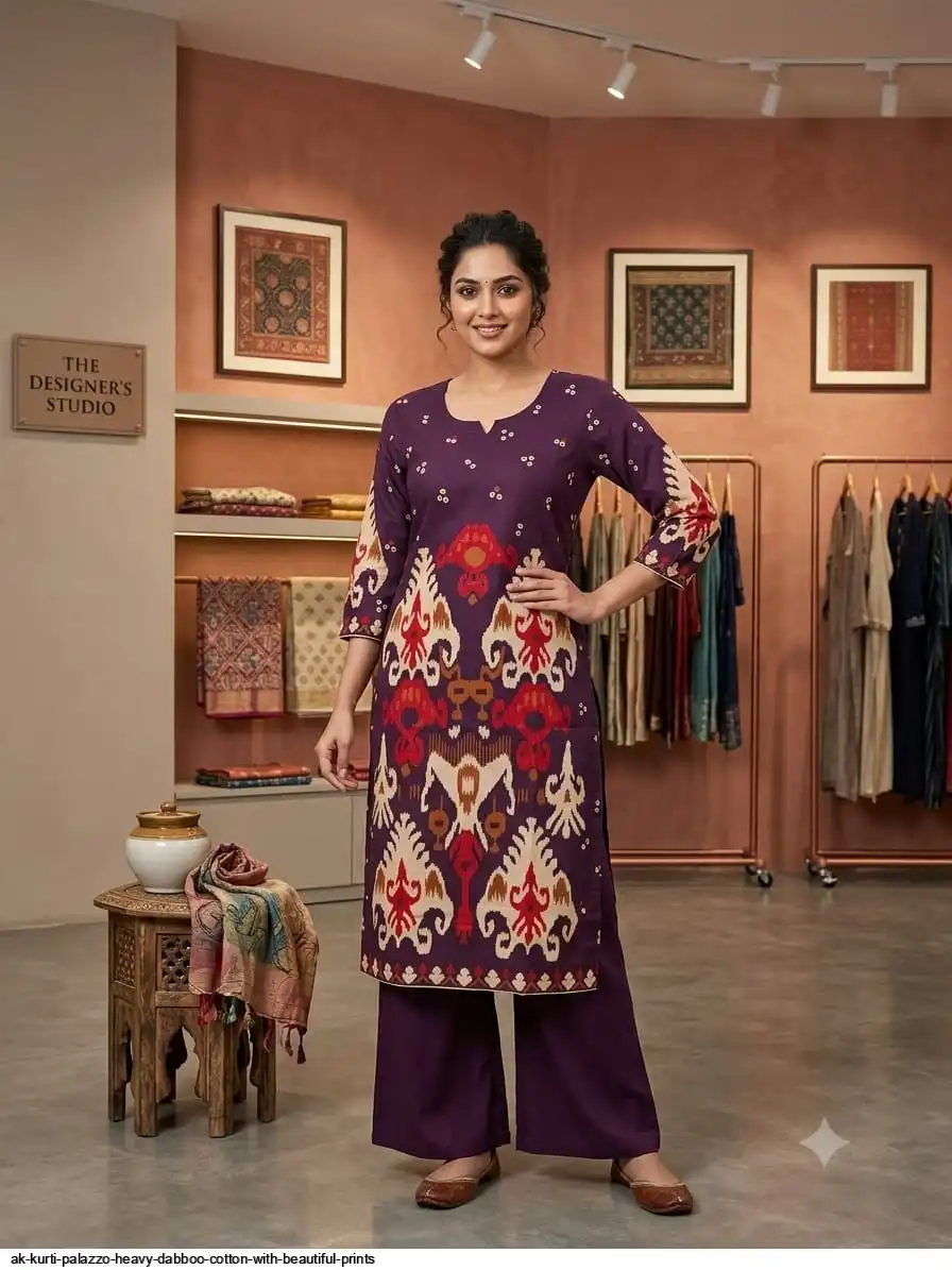 AK KURTI PALAZZO HEAVY DABBOO COTTON WITH BEAUTIFUL PRINTS B