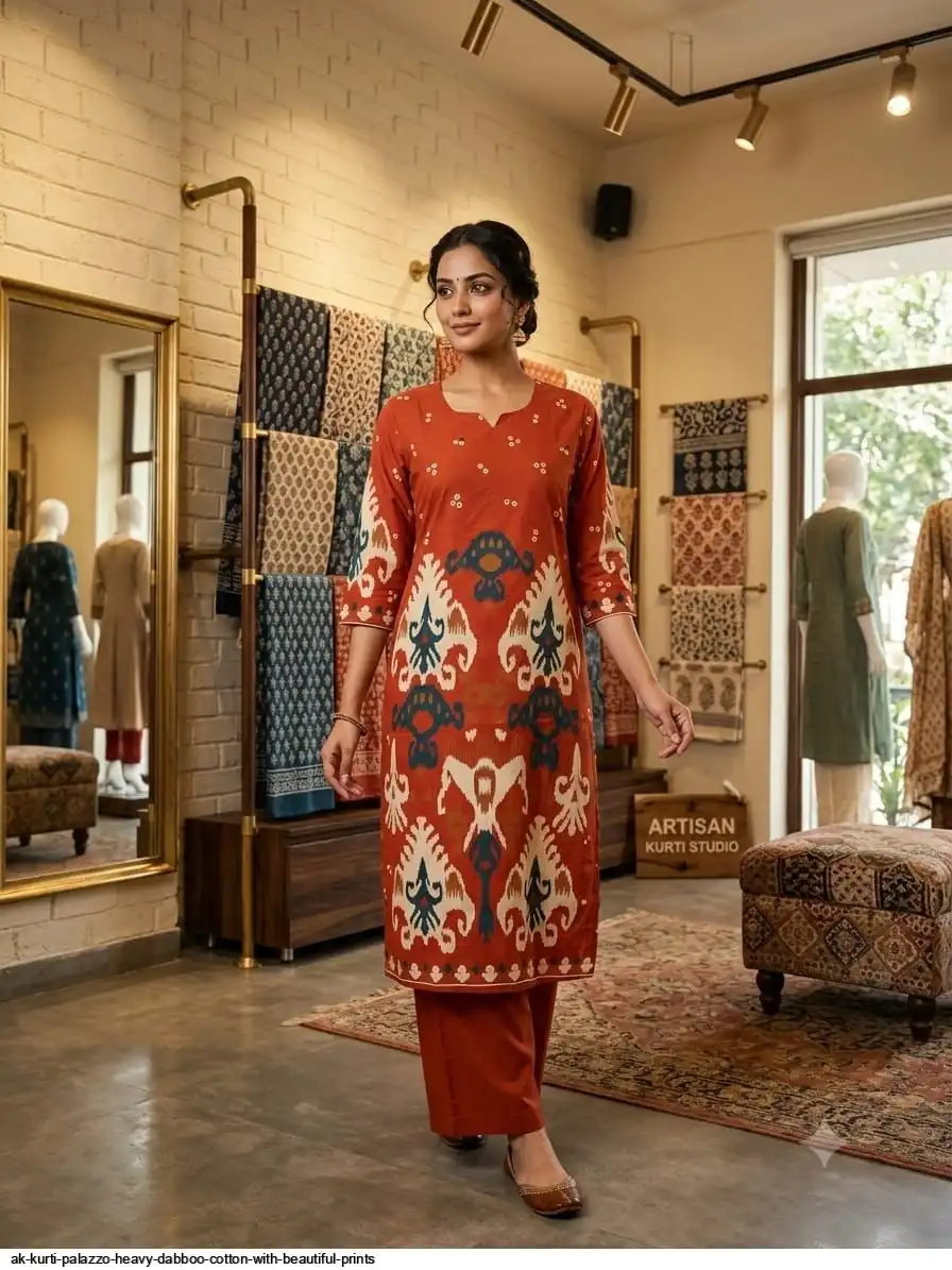 AK KURTI PALAZZO HEAVY DABBOO COTTON WITH BEAUTIFUL PRINTS D
