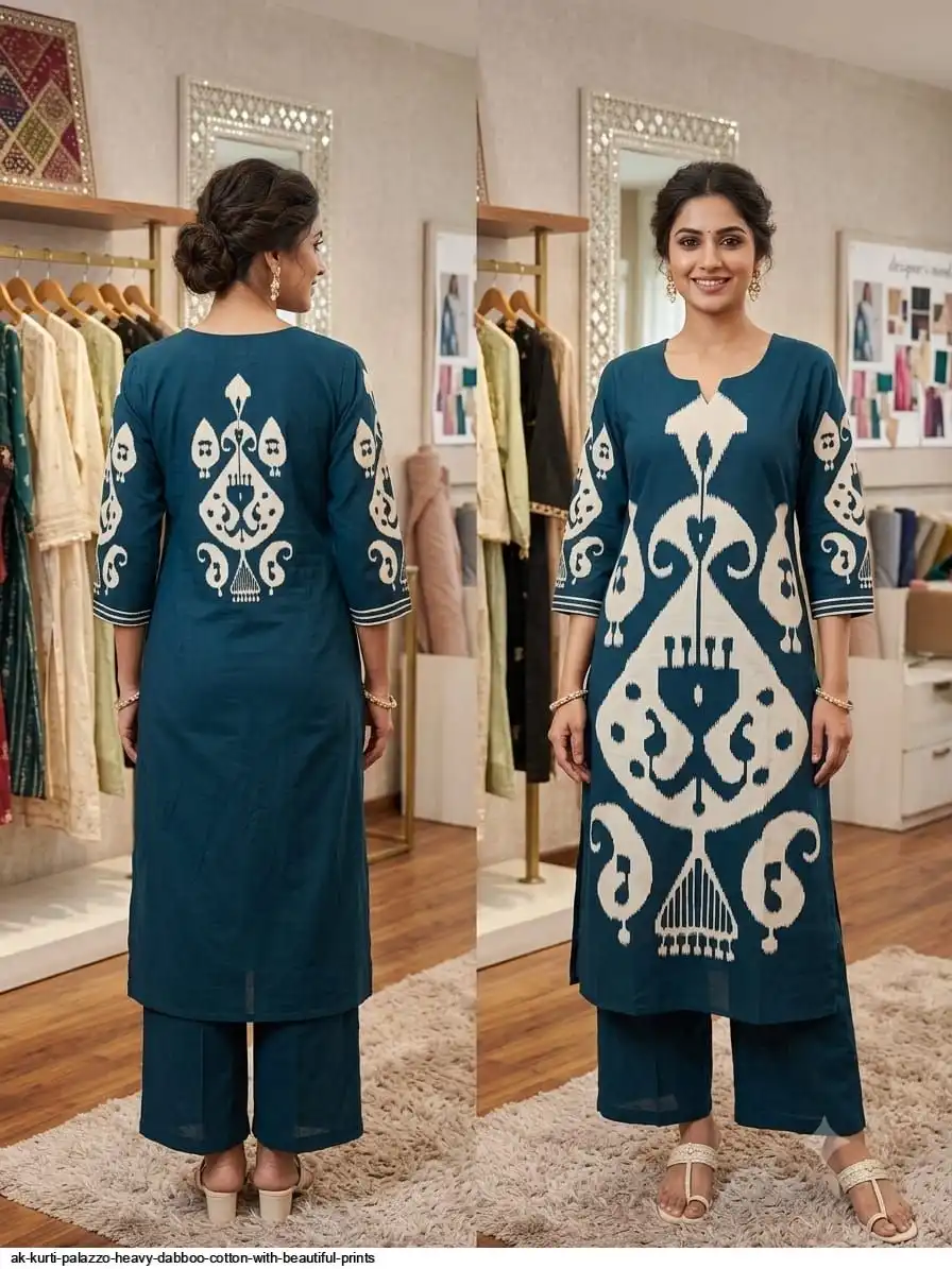 AK KURTI PALAZZO HEAVY DABBOO COTTON WITH BEAUTIFUL PRINTS G