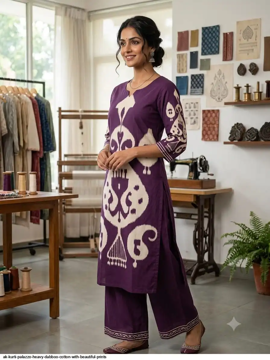 AK KURTI PALAZZO HEAVY DABBOO COTTON WITH BEAUTIFUL PRINTS H